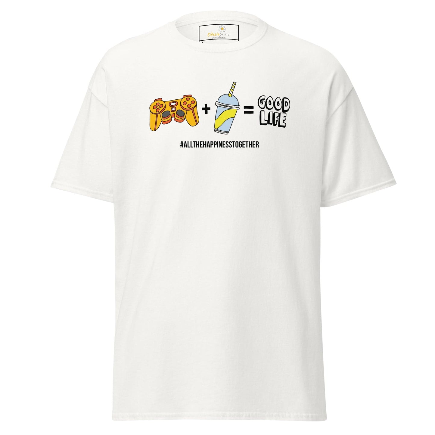 White T-shirt with graphic design for men and women available in sizes S to XL