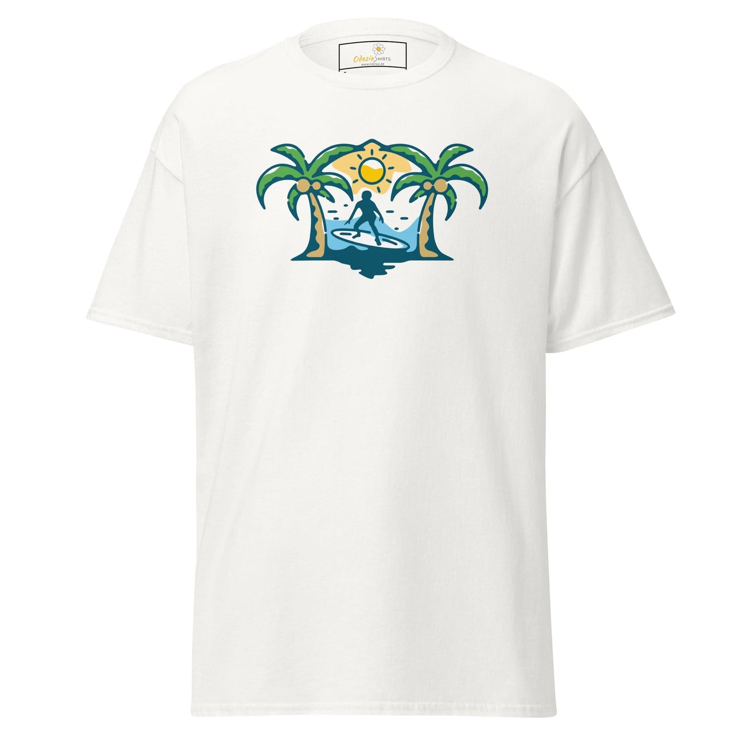 White T-shirt with surfer and palm tree graphic for men and women available in S to XL