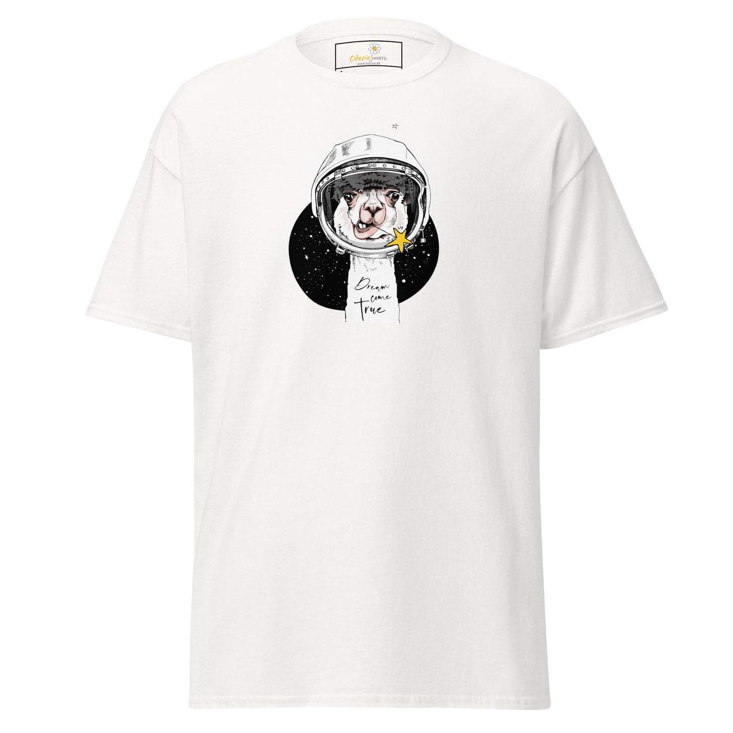 White T-shirt featuring an astronaut Llama graphic for men and women in sizes S to XL