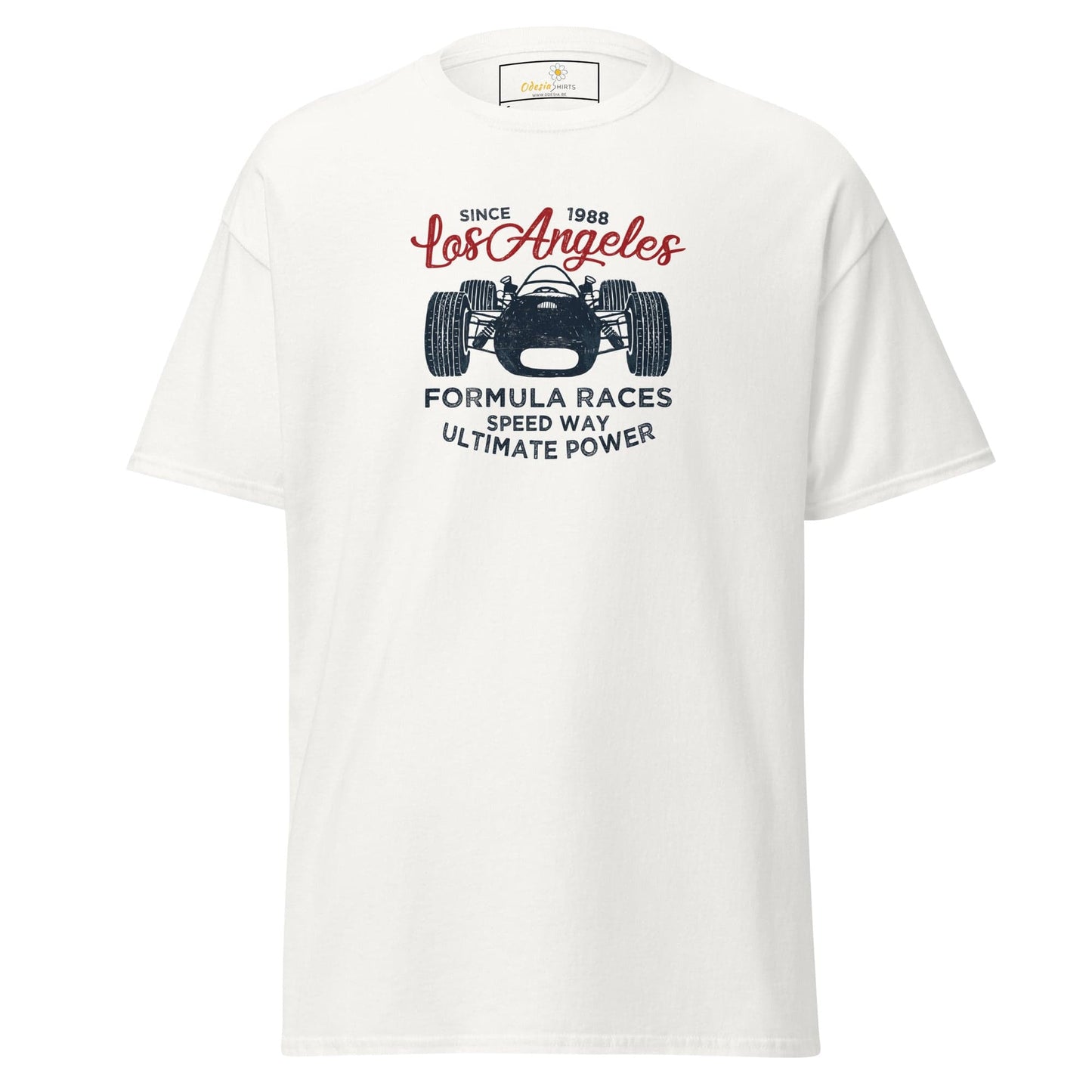 White T-shirt with race car graphic, suitable for men and women, available in sizes S to XL