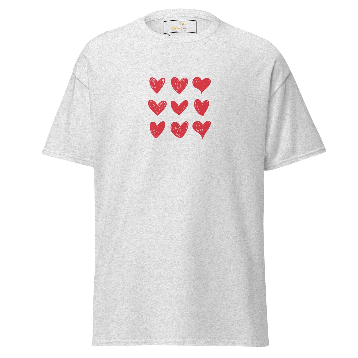 White t-shirt with red heart pattern.