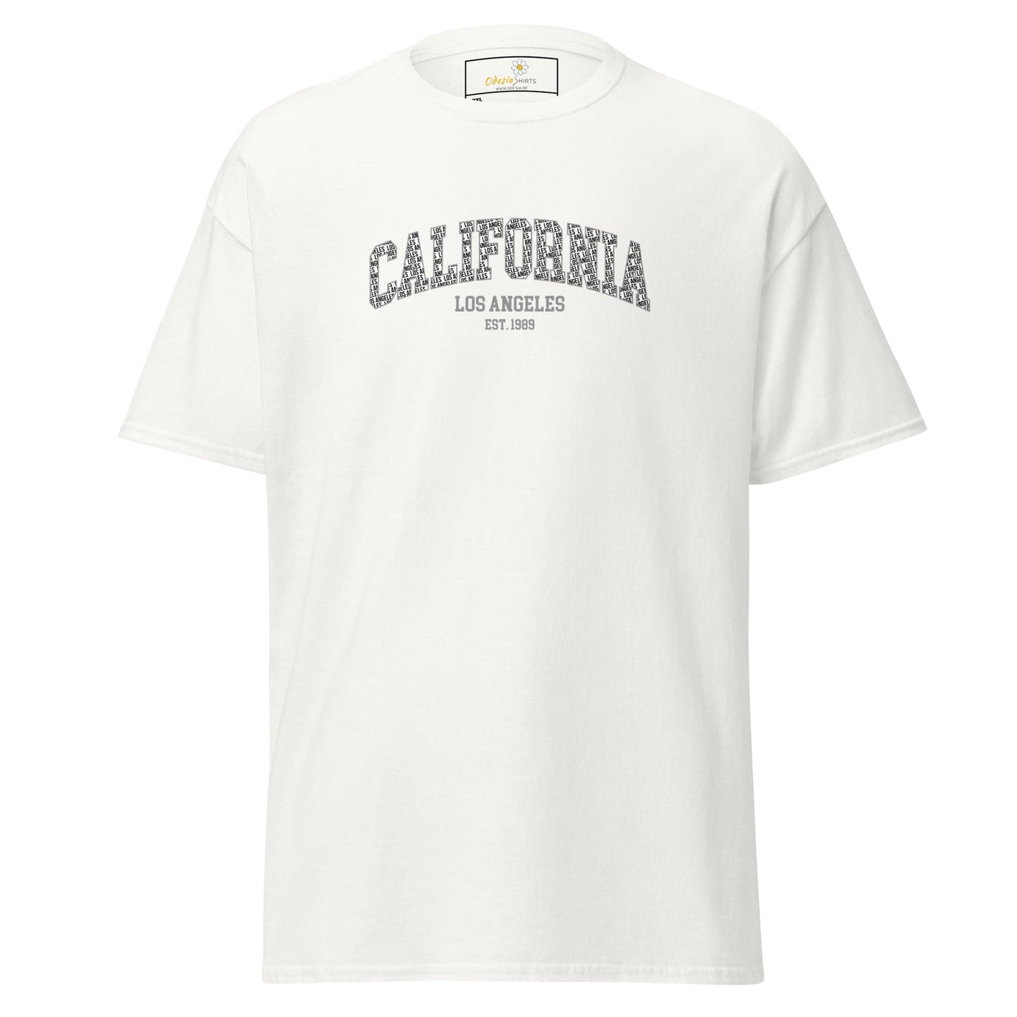 White t-shirt with ’California’ and ’Los Angeles’ text.