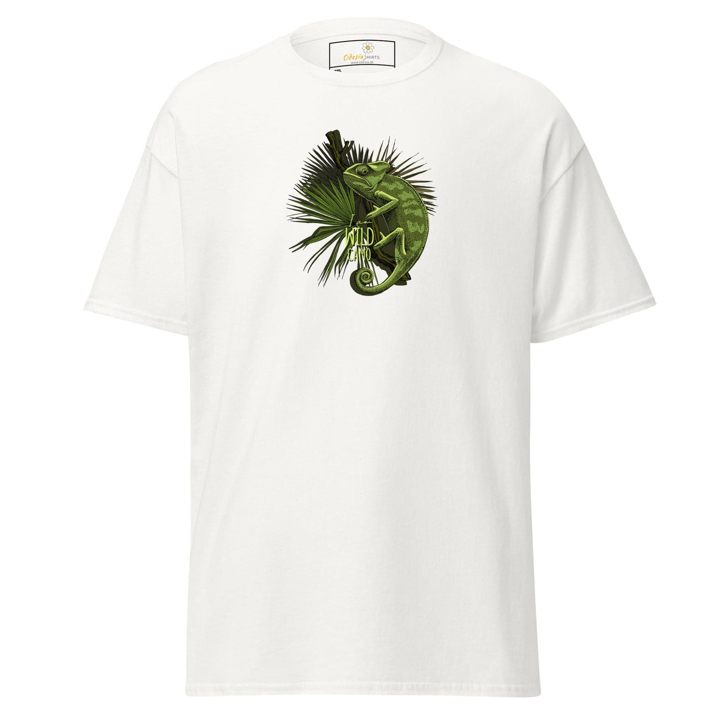 White t-shirt with chameleon graphic.
