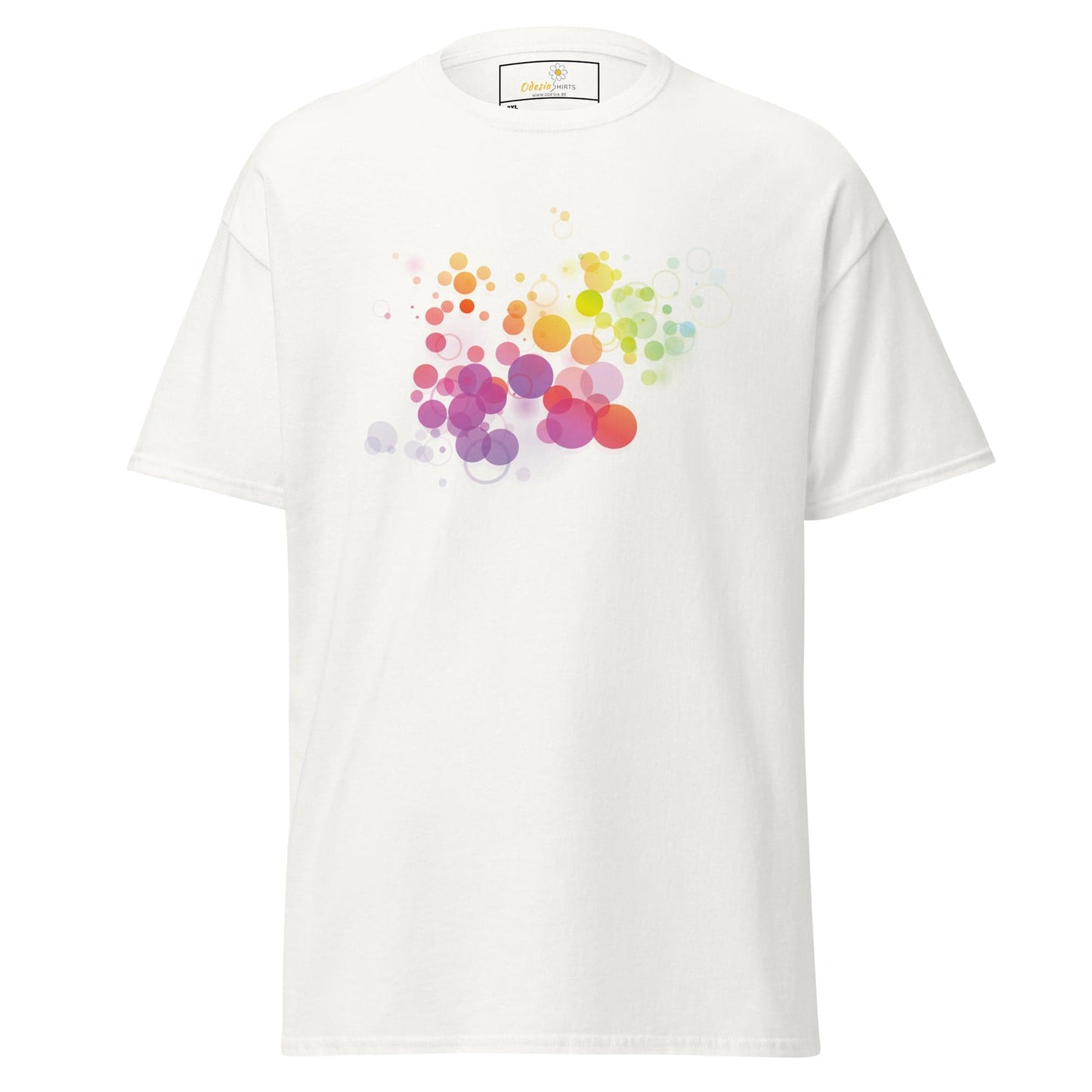 White T-shirt with colorful bubble design for men and women in sizes 2XL to 5XL