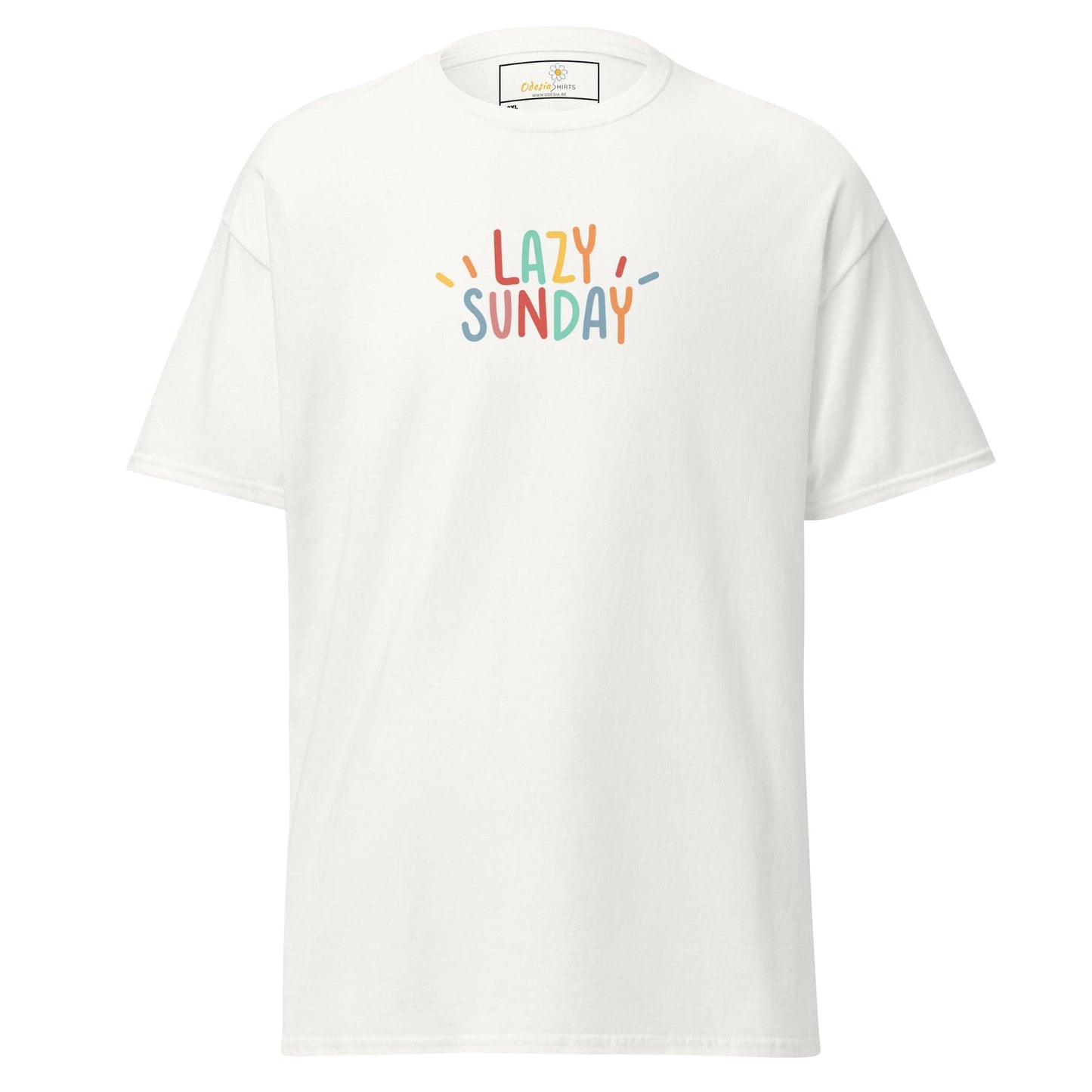 White t-shirt with ’Lazy Sunday’ text.
