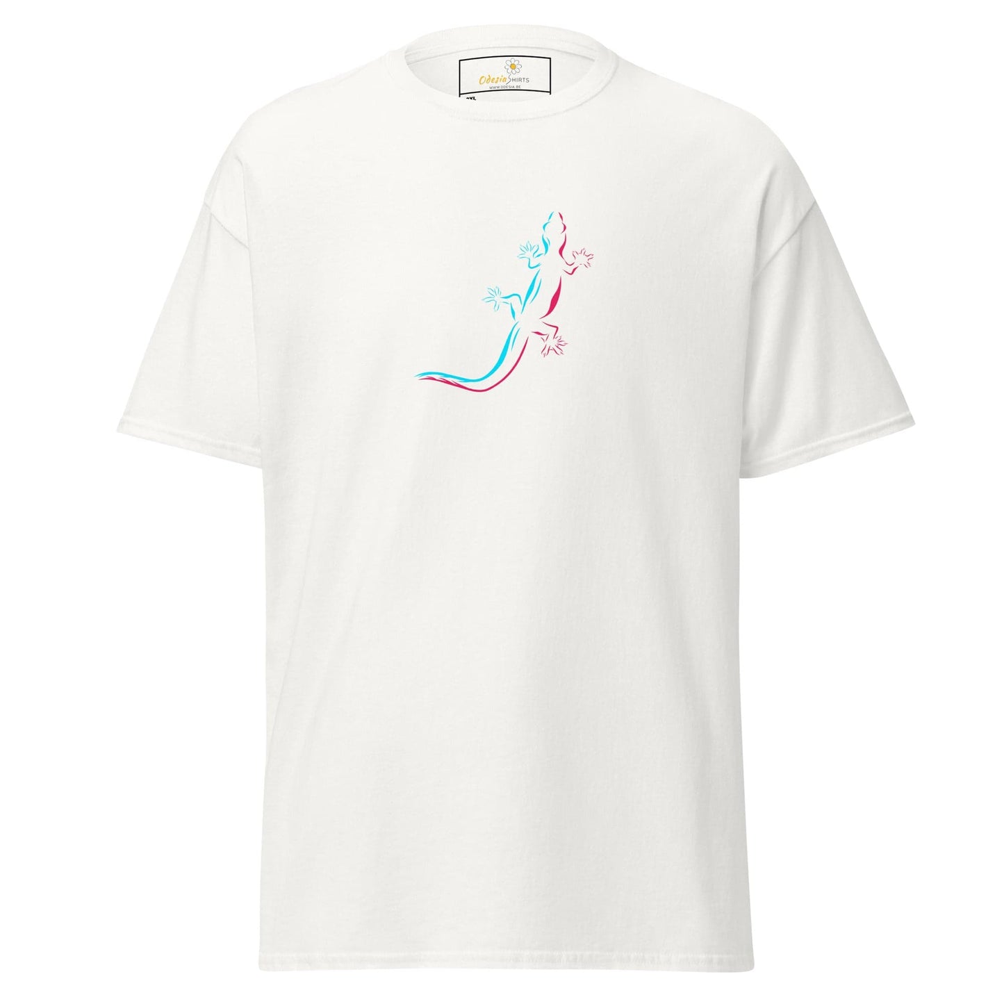 White t-shirt with lizard design.