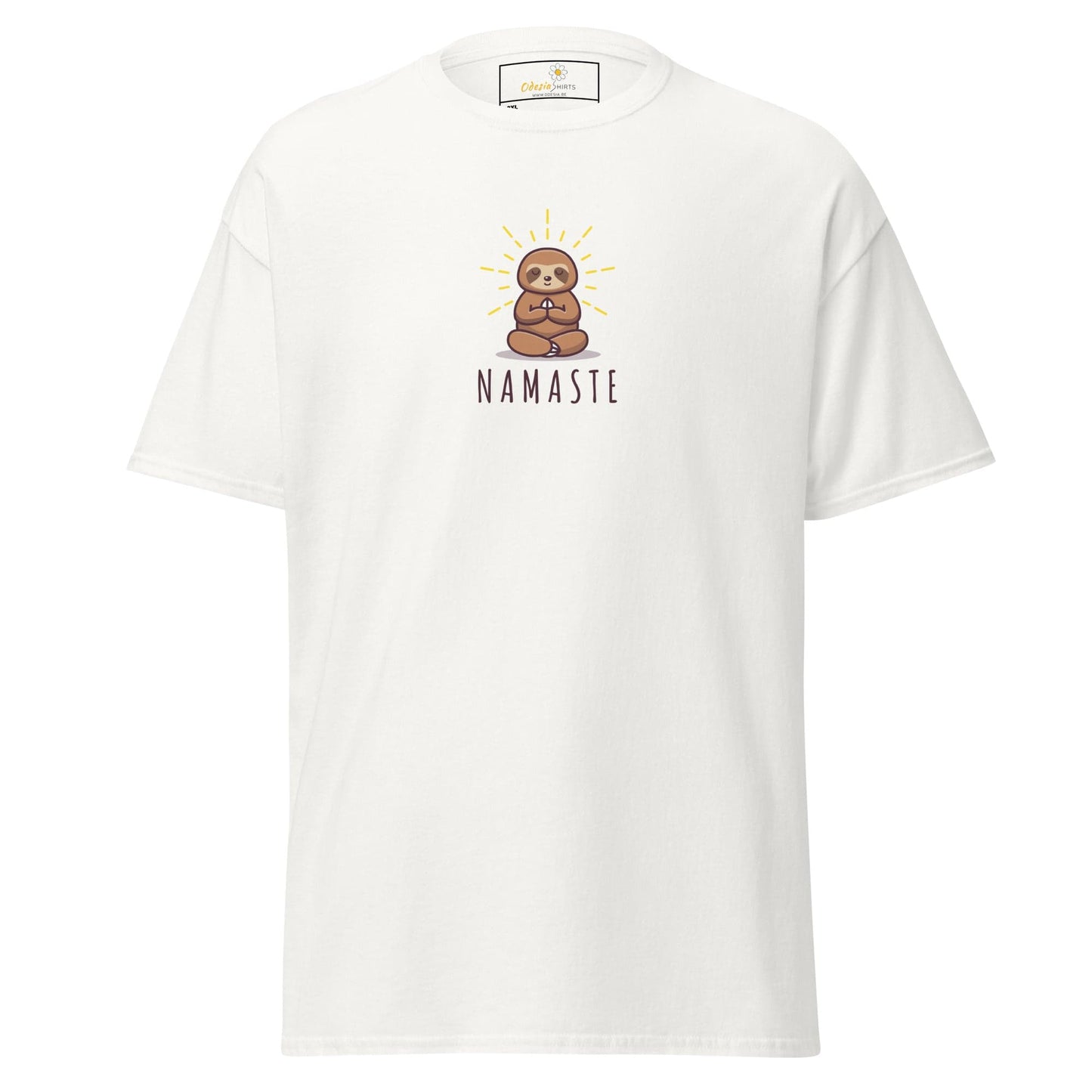 White t-shirt with sloth meditating.