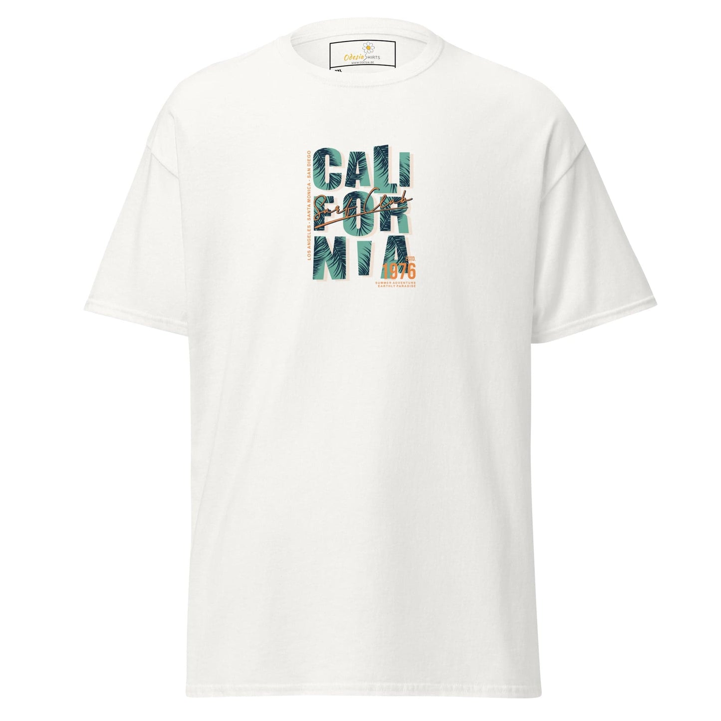 White t-shirt with ’California’ graphic.