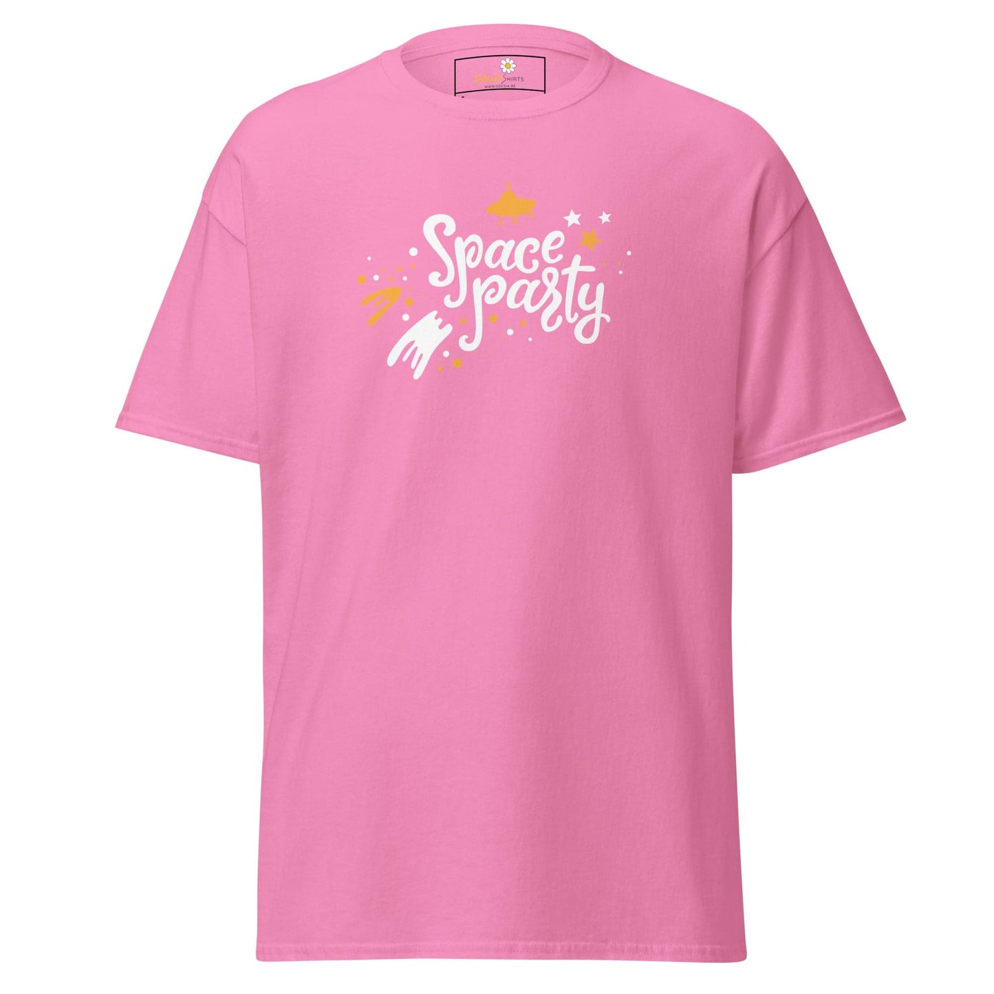 Pink T-shirt with Space Party design for men and women in S to XL sizes