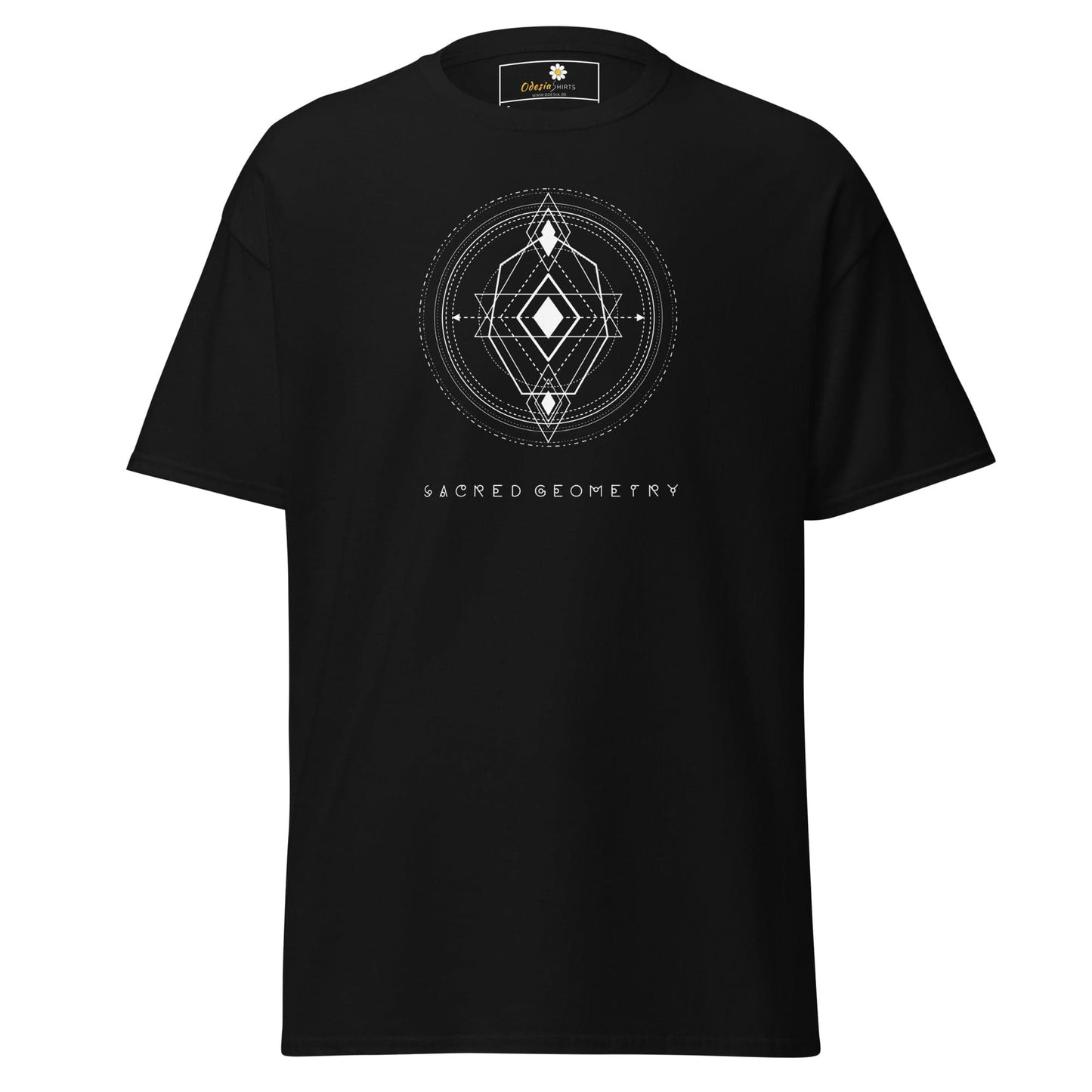 Black T-shirt with geometric design for men and women in sizes S to XL