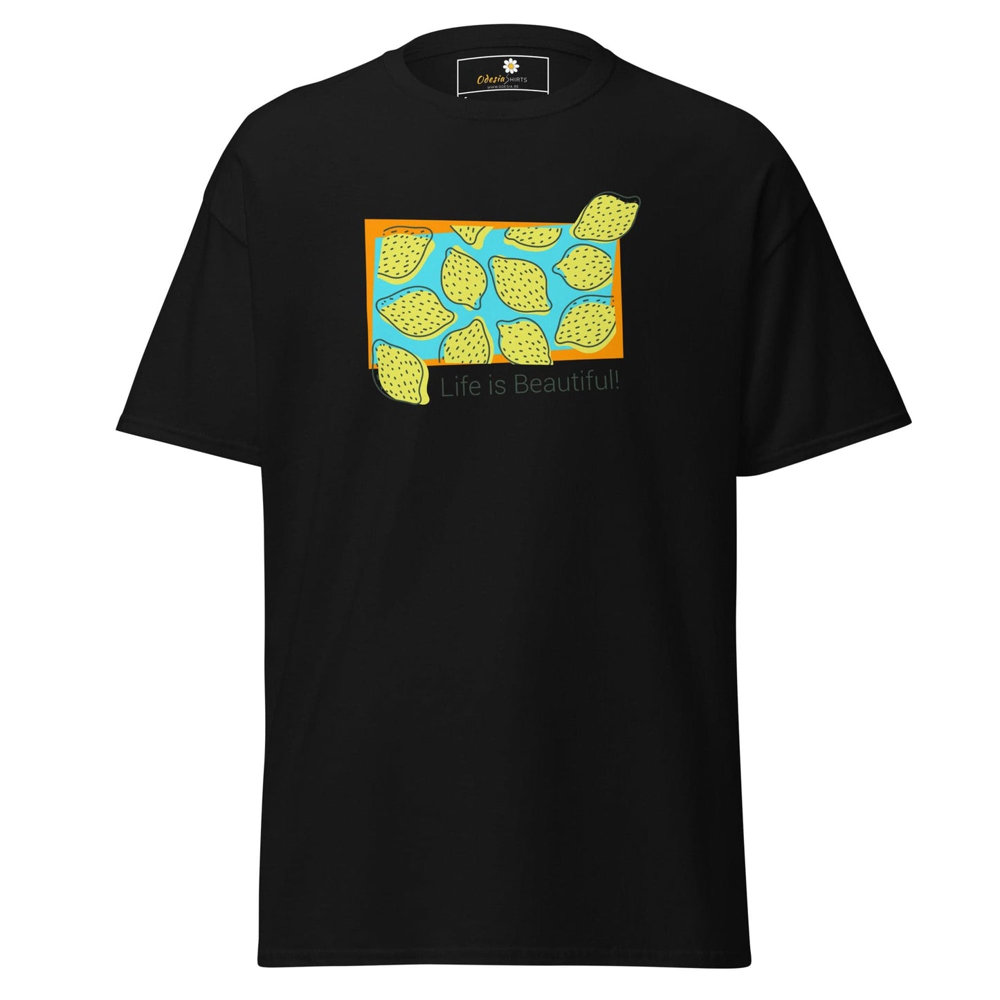 Black T-shirt with lemon graphic from T-SHIRT DESIGN TEE for men and women in sizes S to XL