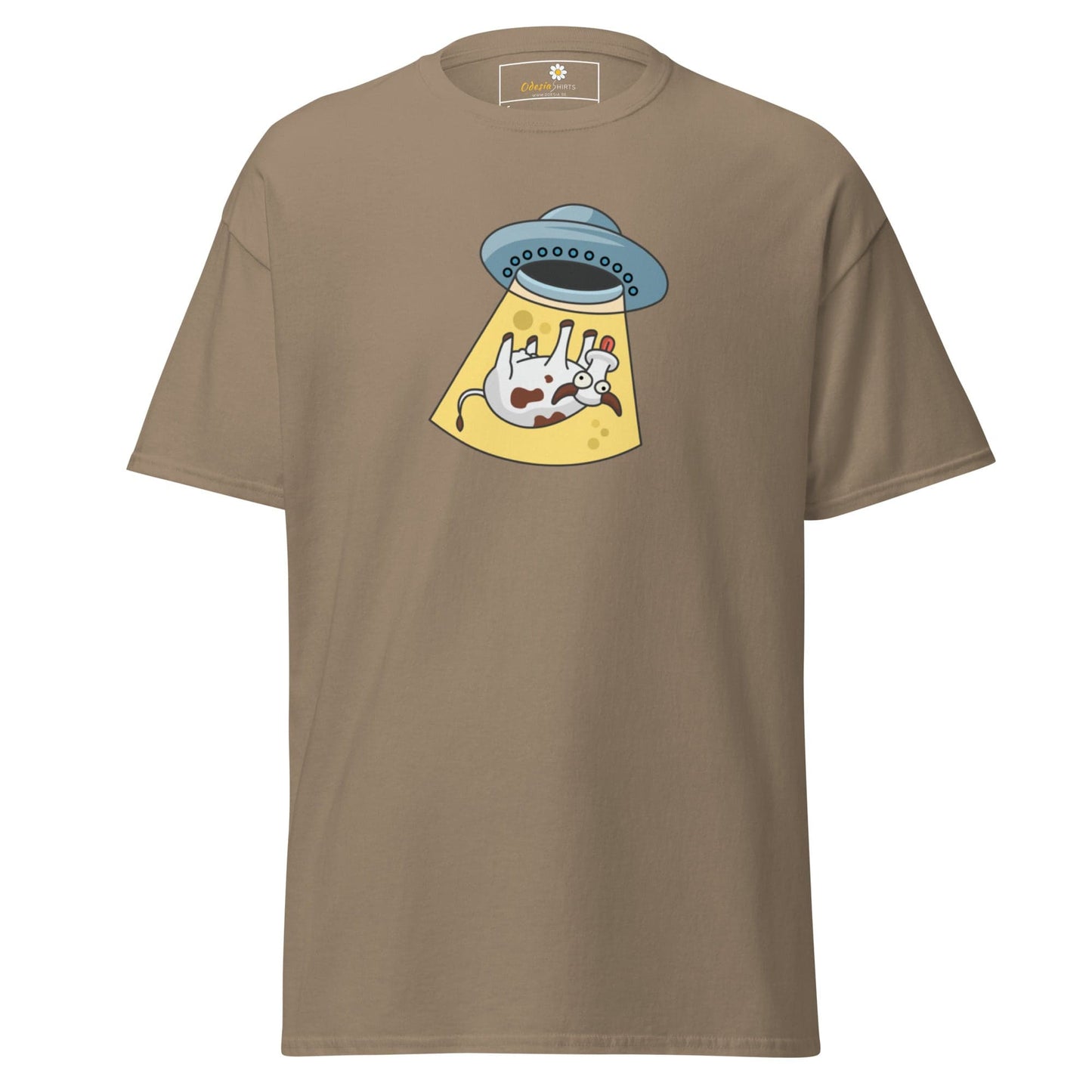 Khaki T-shirt with alien abduction graphic for men and women in sizes S to XL