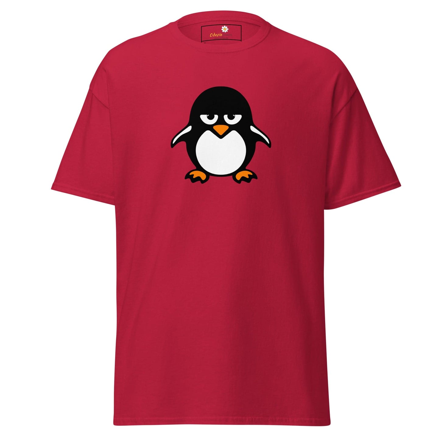 Red T-shirt featuring a cartoon penguin design for men and women available in S to XL sizes