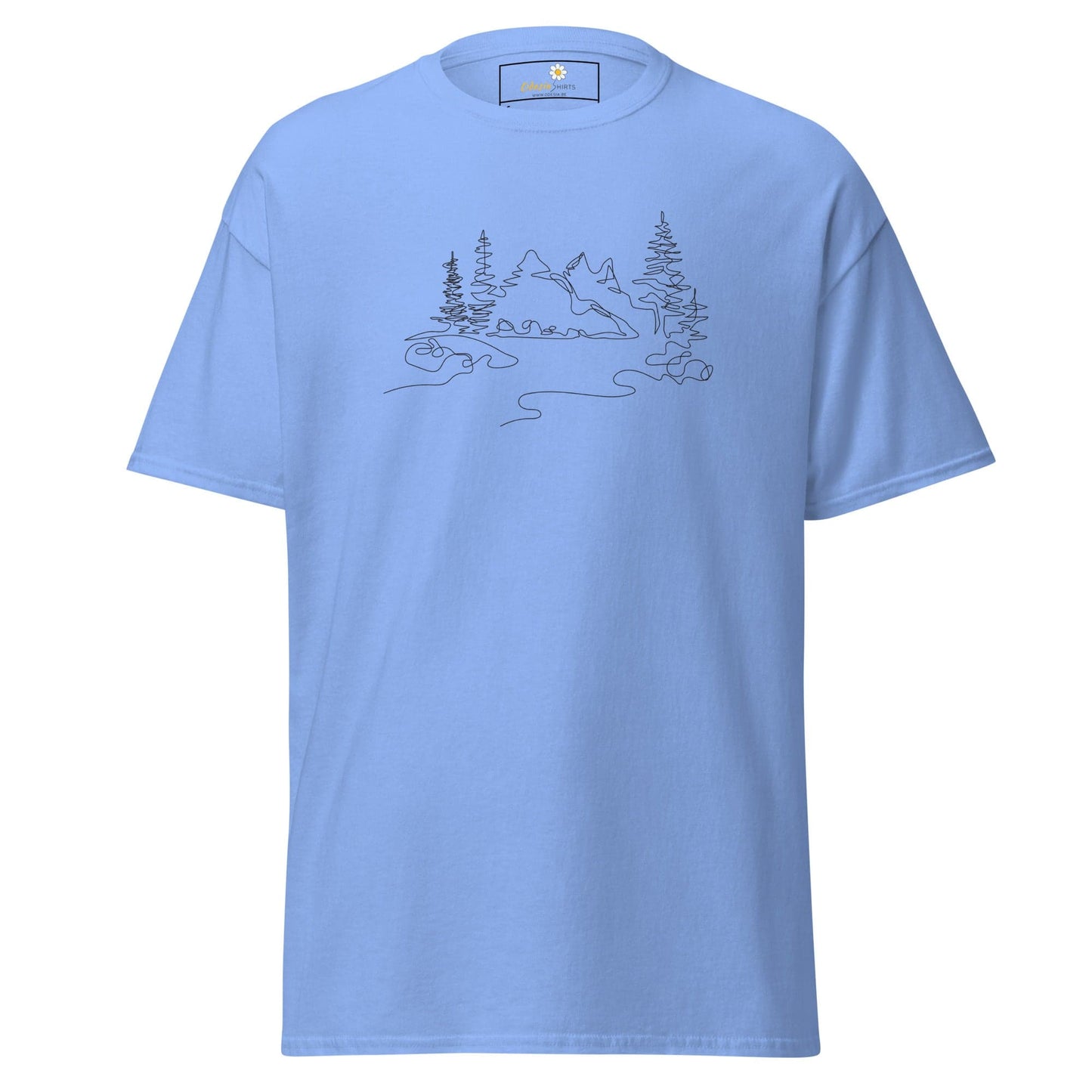 Light blue T-shirt featuring mountain and tree line drawing for men and women sizes S to XL