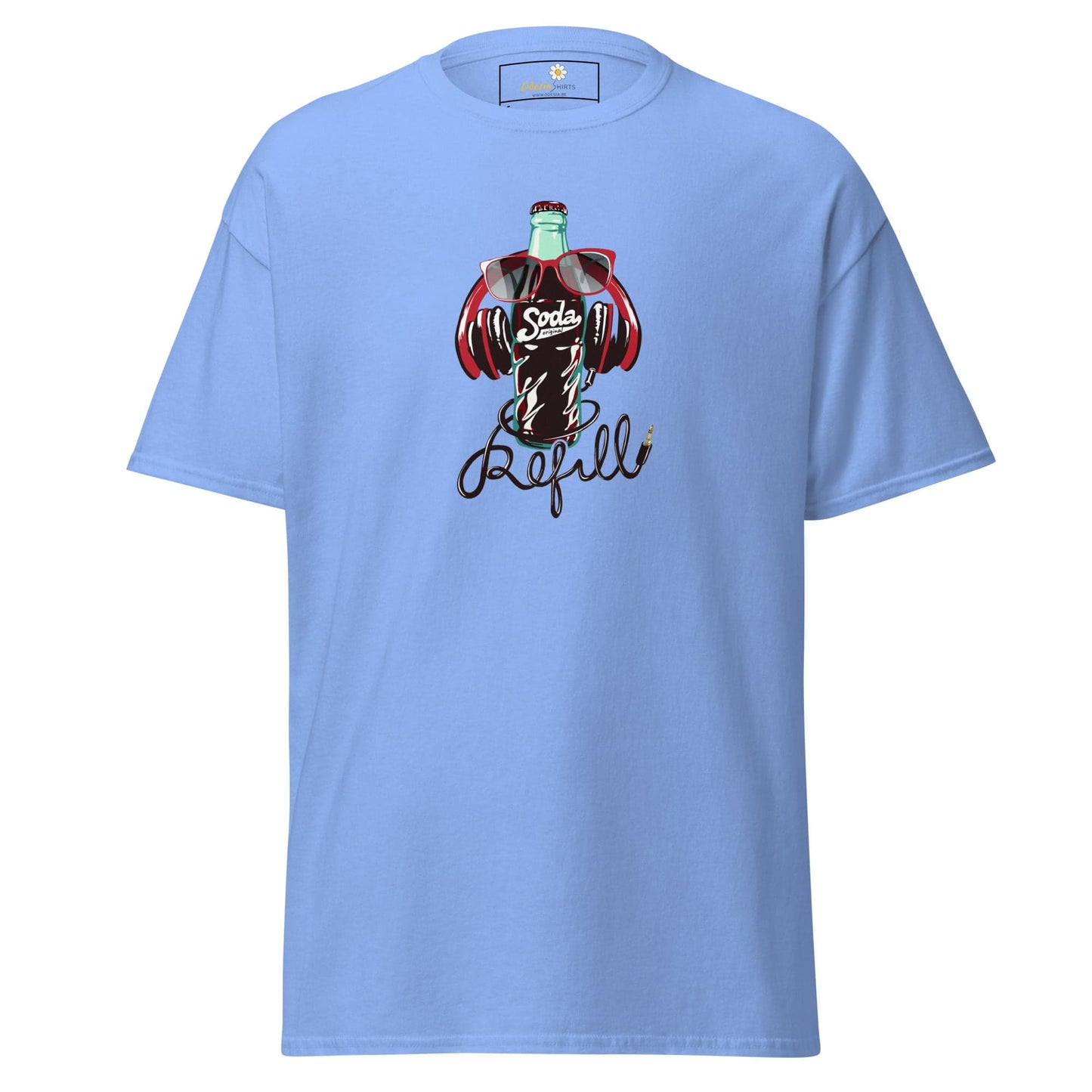 Light blue T-shirt with soda bottle graphic for men and women, available in sizes S to XL