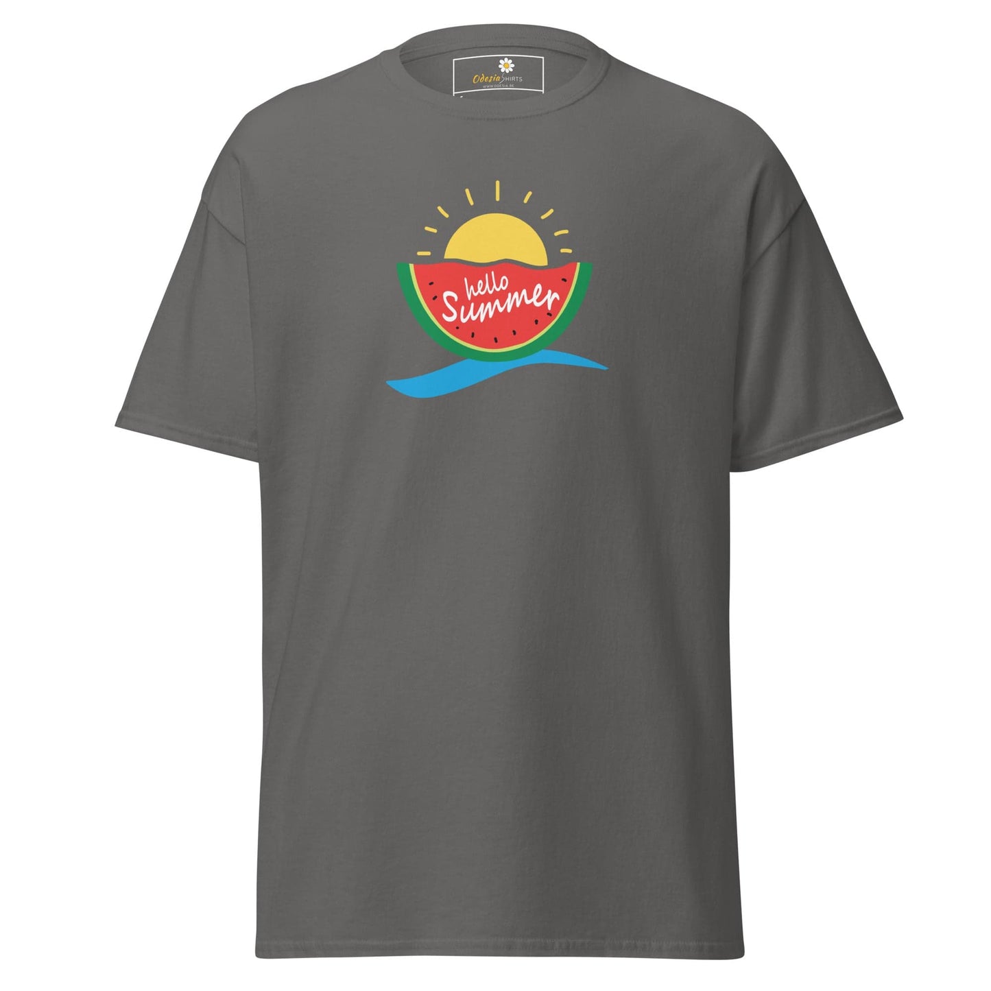 Gray T-shirt with summer-themed graphic design for Men and Women in sizes S to XL
