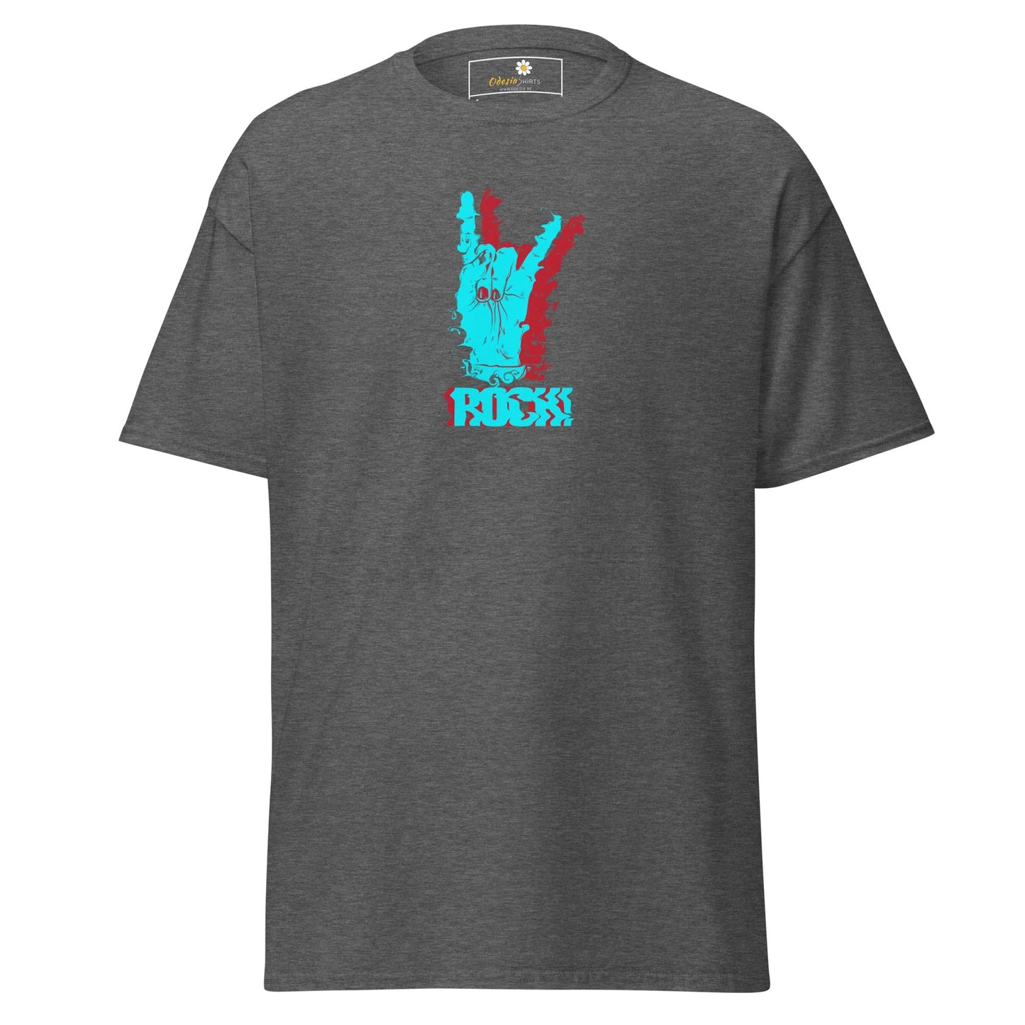 Gray T-shirt featuring a rock hand graphic, available in men’s and women’s sizes S to XL