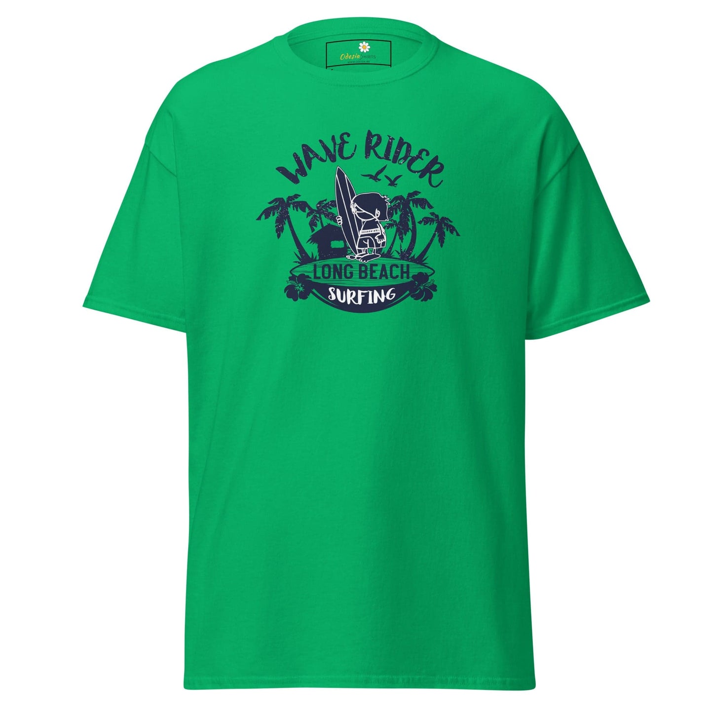 Green T-shirt featuring a surfing graphic for men and women from T-SHIRT DESIGN TEE collection