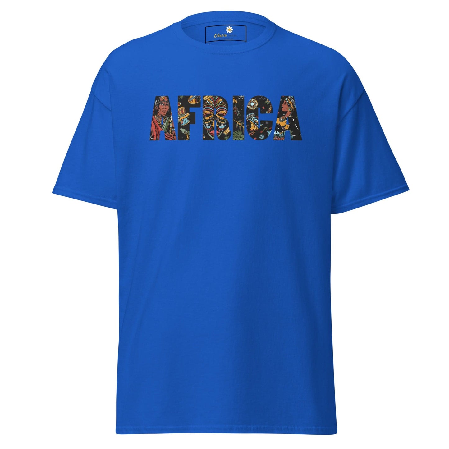 Blue T-shirt with AFRICA graphic, available in S to XL for men and women