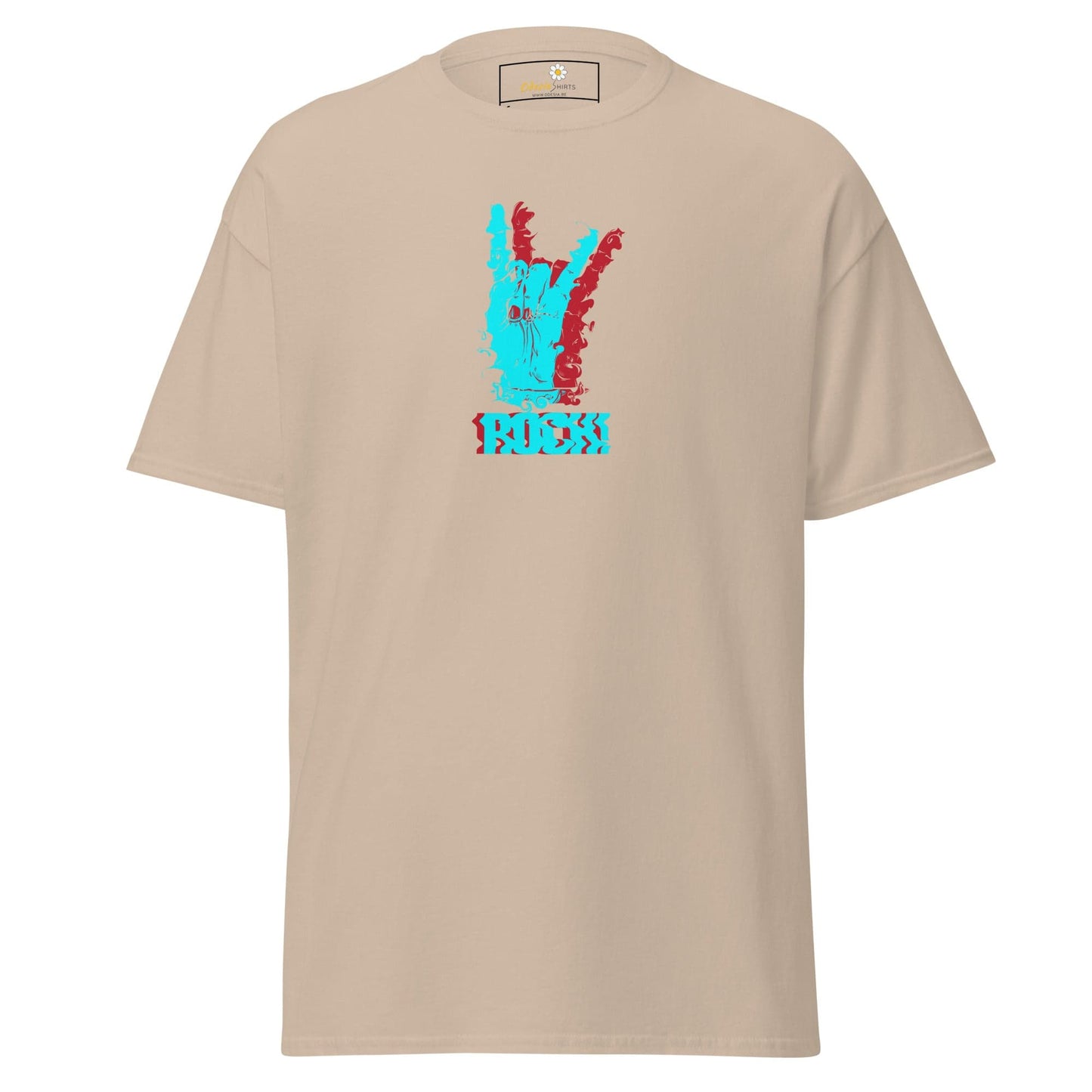 Beige T-shirt with rock hand graphic, suitable for men and women, available in sizes S to XL