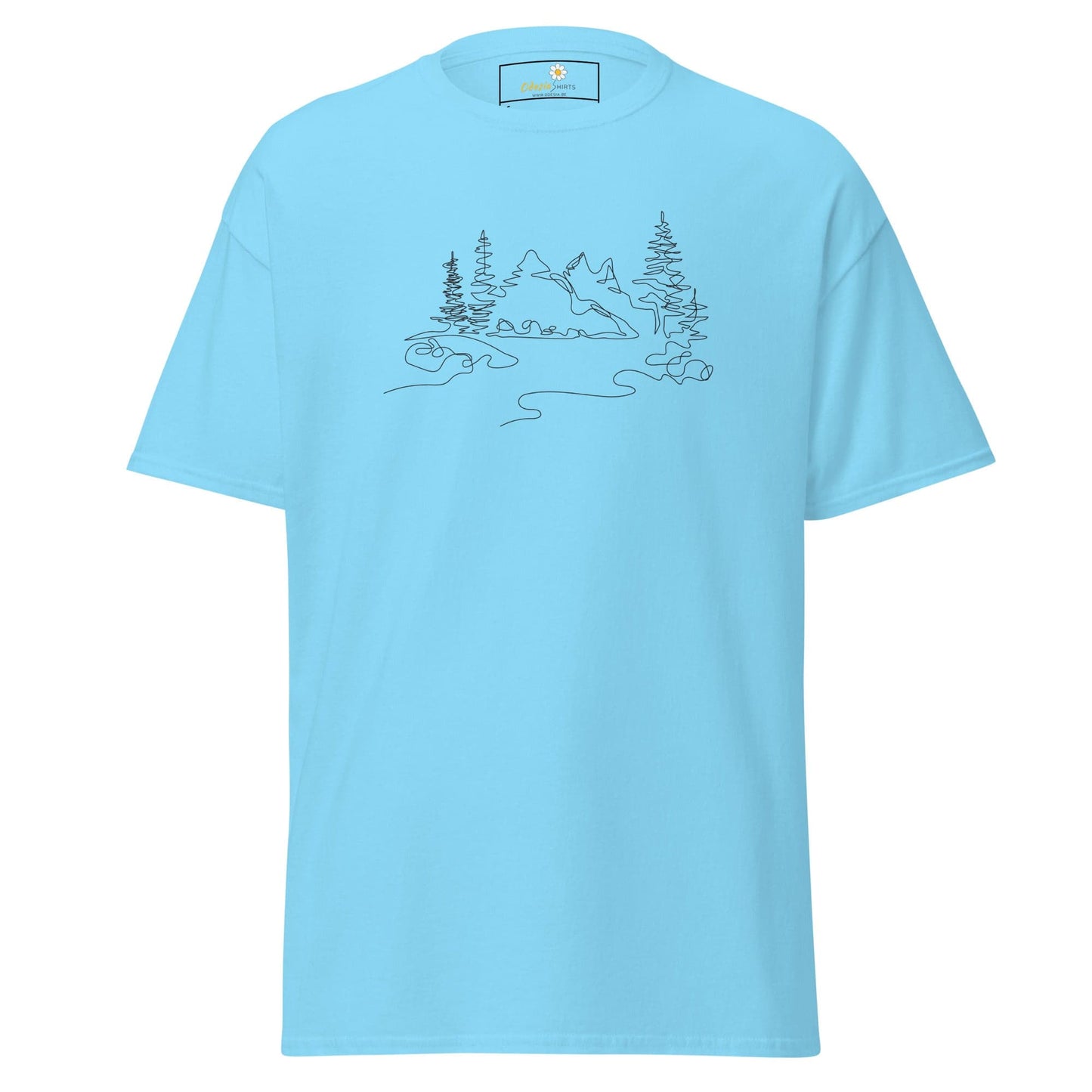 Light blue T-shirt with mountain and tree line art design for men and women sizes S to XL