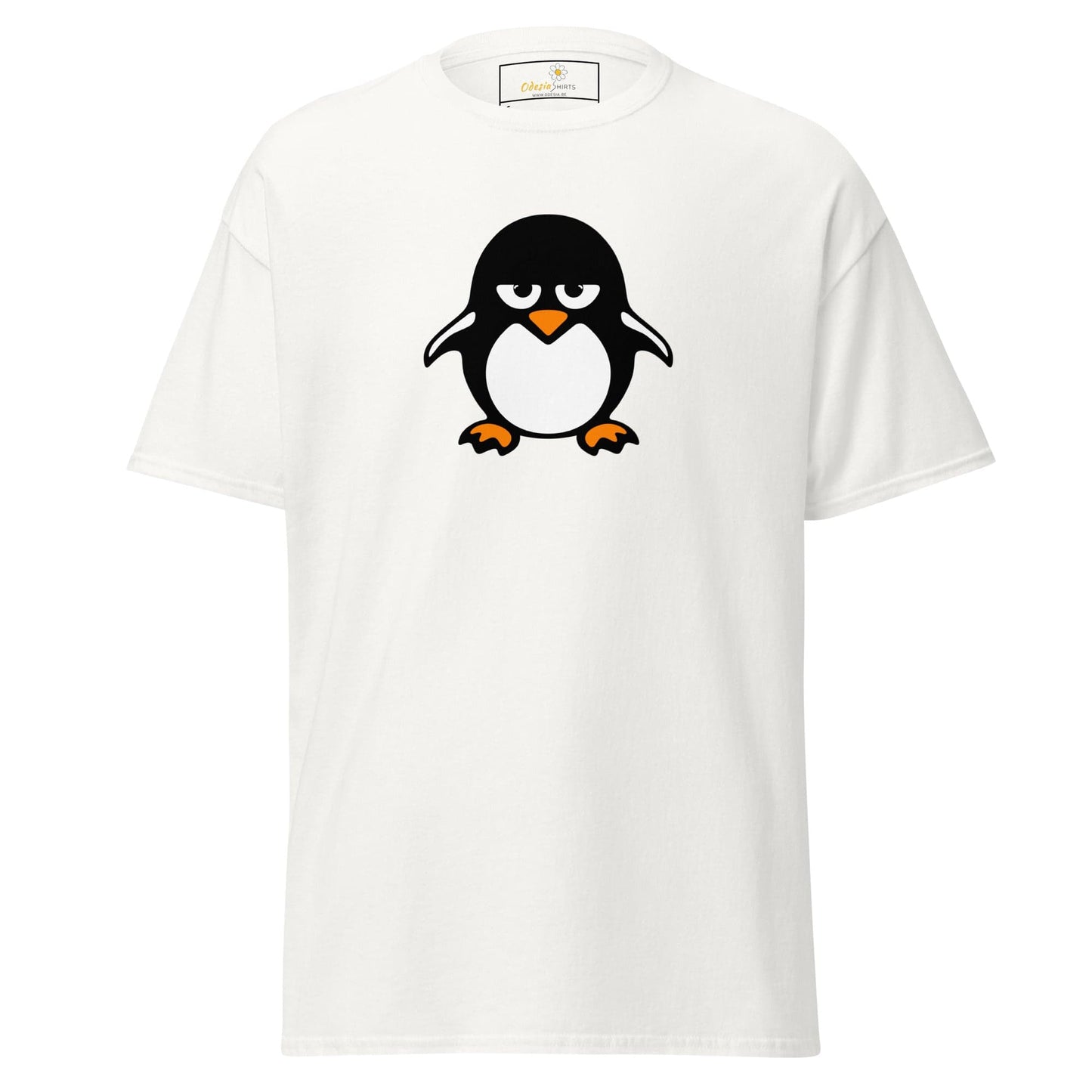 White T-shirt with cartoon penguin design for men and women available in S to XL sizes