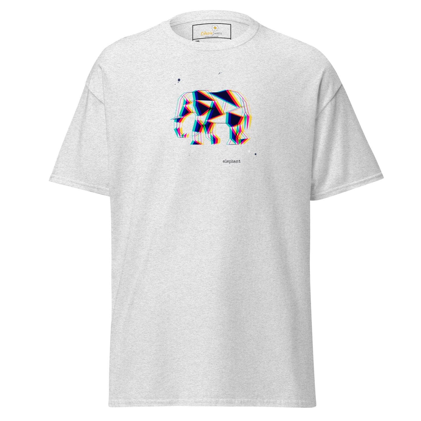 White t-shirt with geometric elephant design.