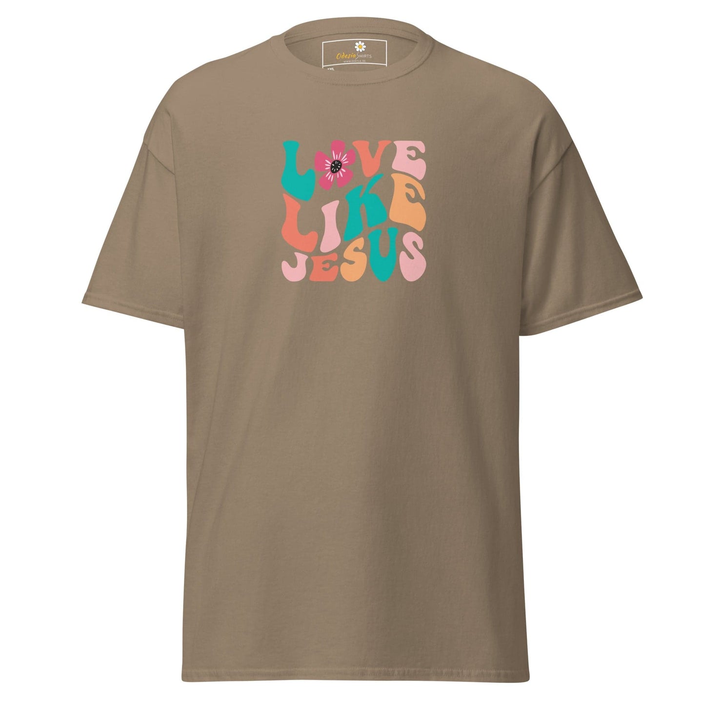 Khaki T-shirt with Love Like Jesus graphic for men and women in 2XL to 5XL sizes