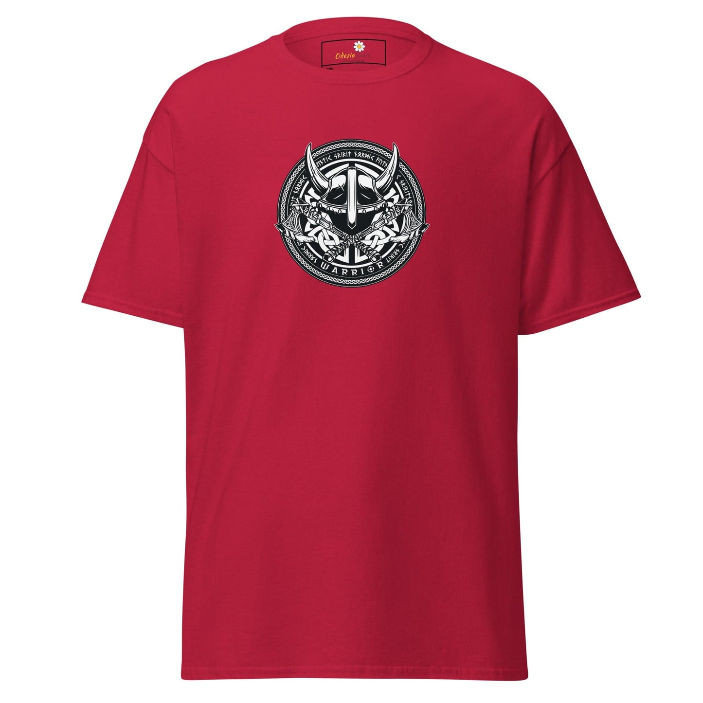 Red t-shirt with a circular graphic.
