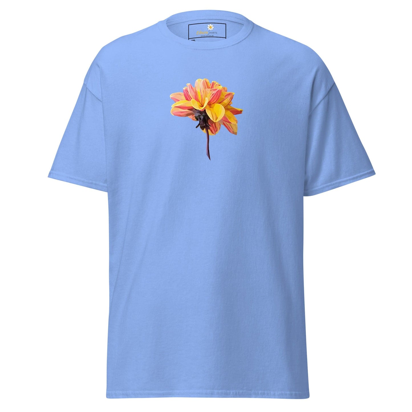 Light blue t-shirt with flower.