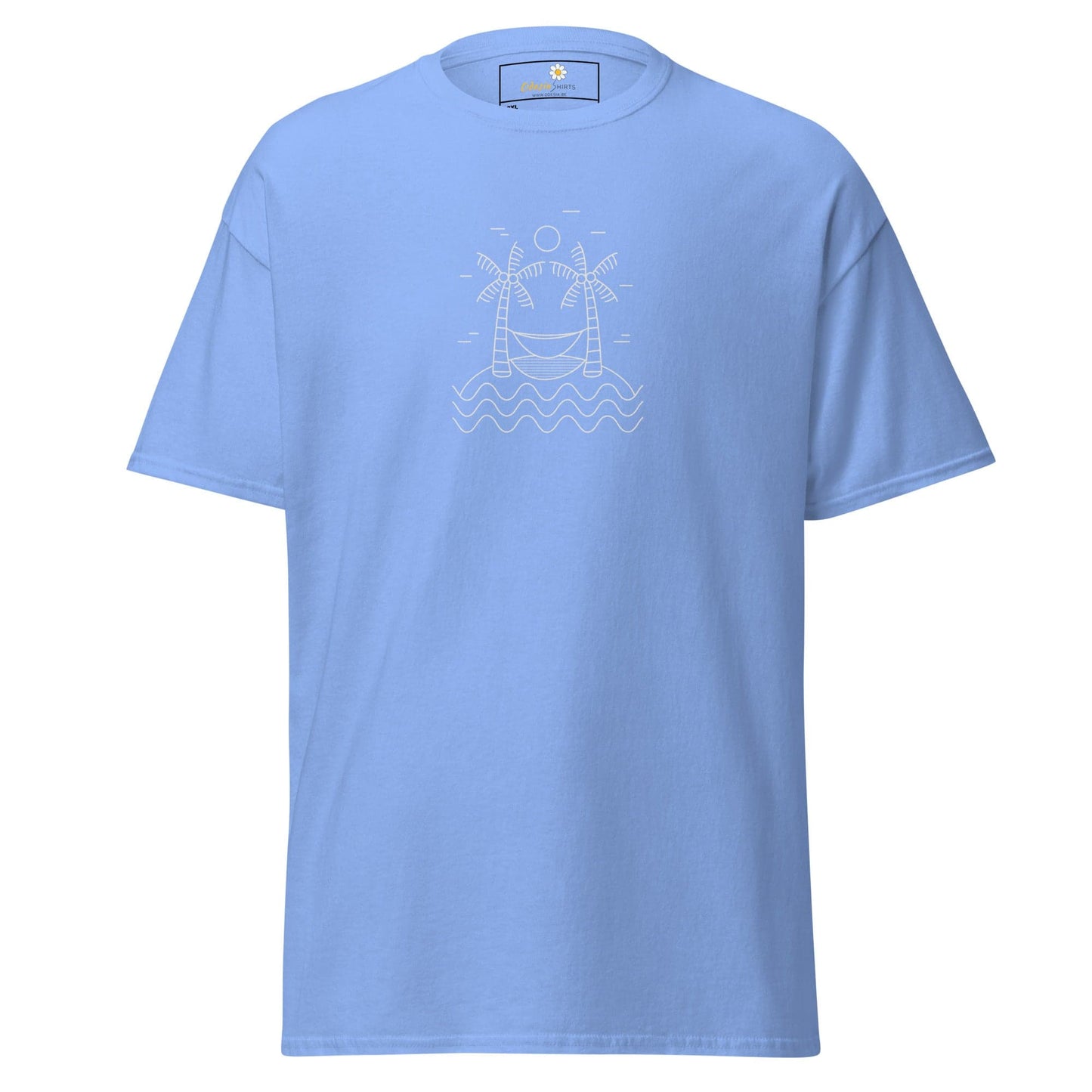 Light blue T-shirt with white hammock and palm trees graphic, suitable for men and women