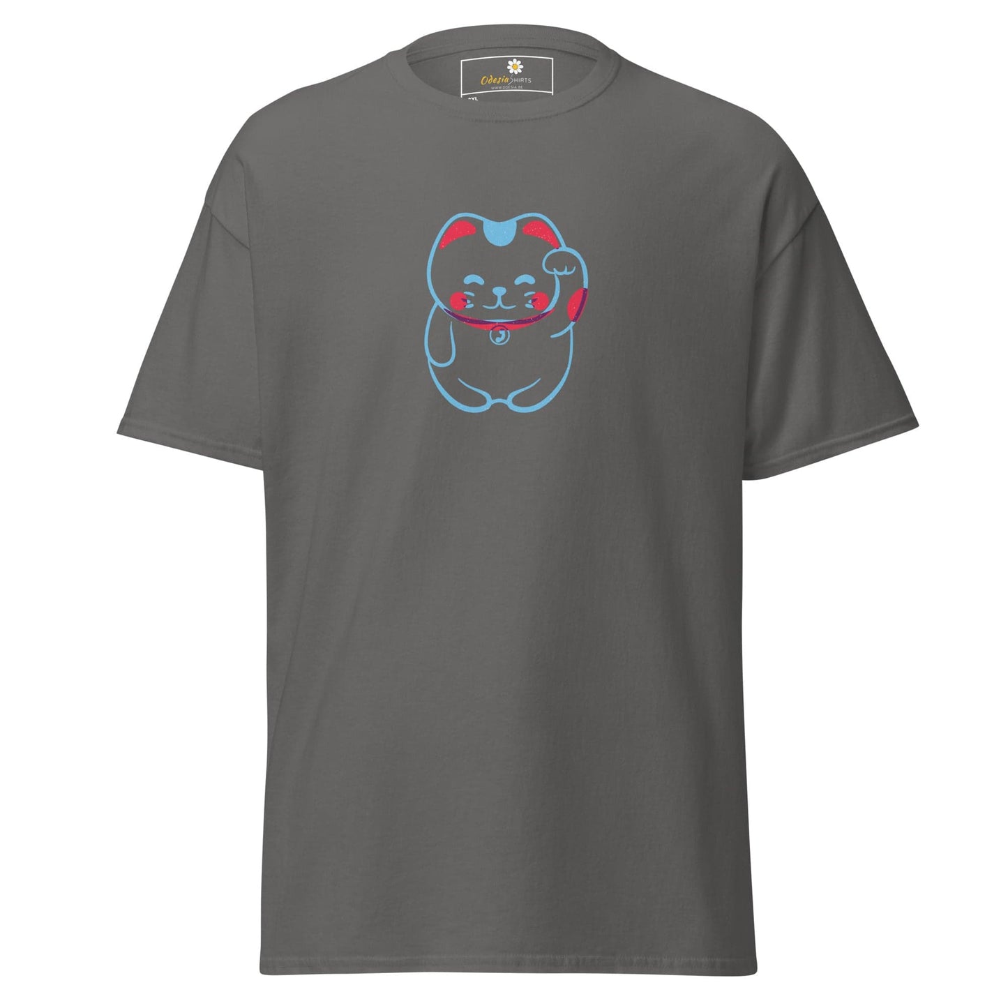 Gray T-shirt with cartoon cat design for men and women in 2XL to 5XL sizes