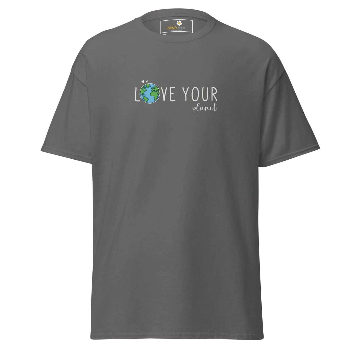 Gray t-shirt with ’Love Your Planet’ design.