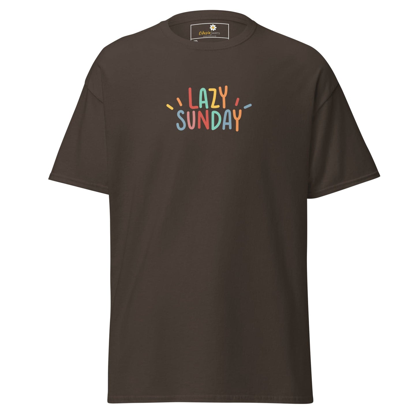Brown t-shirt with ’Lazy Sunday’ text.