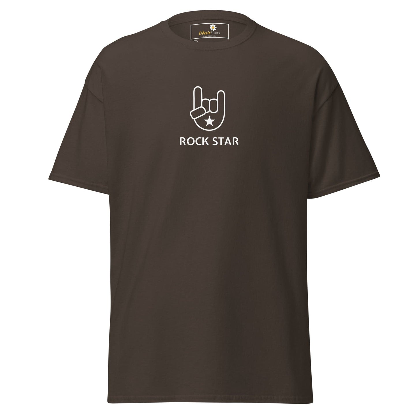 Brown t-shirt with ’Rock Star’ graphic.