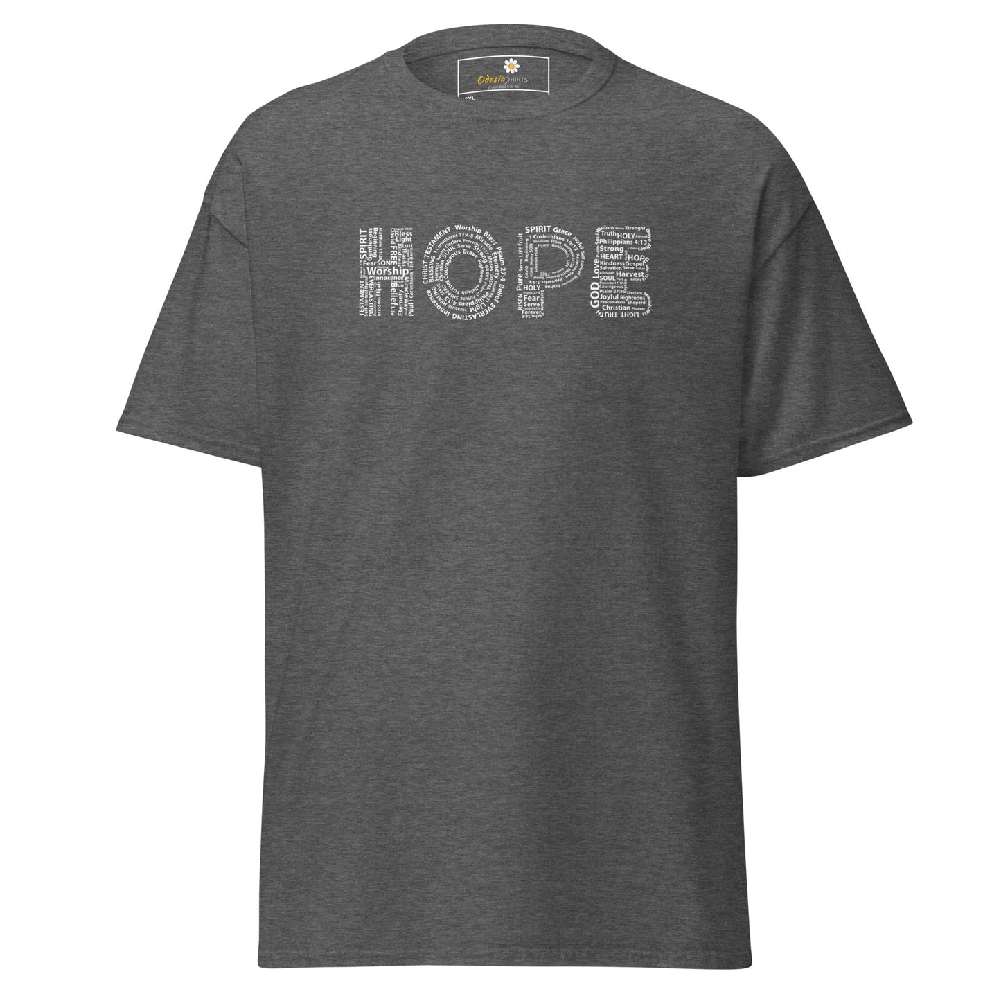 Gray t-shirt with ’HOPE’ text design.
