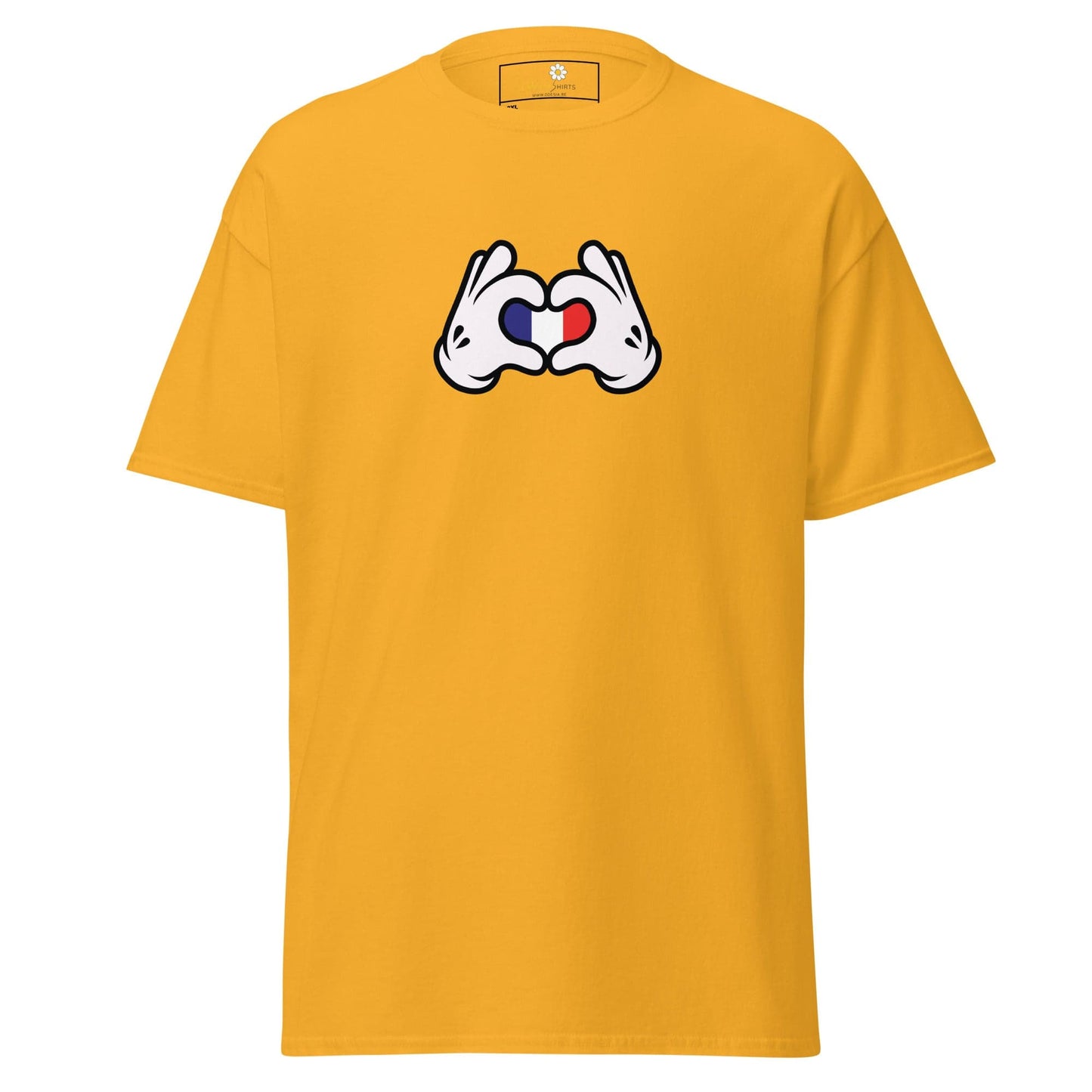 Yellow t-shirt with hand-heart graphic.