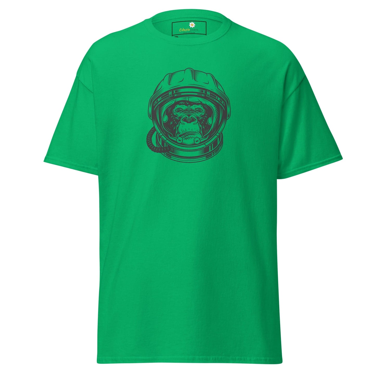 Green T-shirt with astronaut monkey graphic for men and women in sizes 2XL to 5XL
