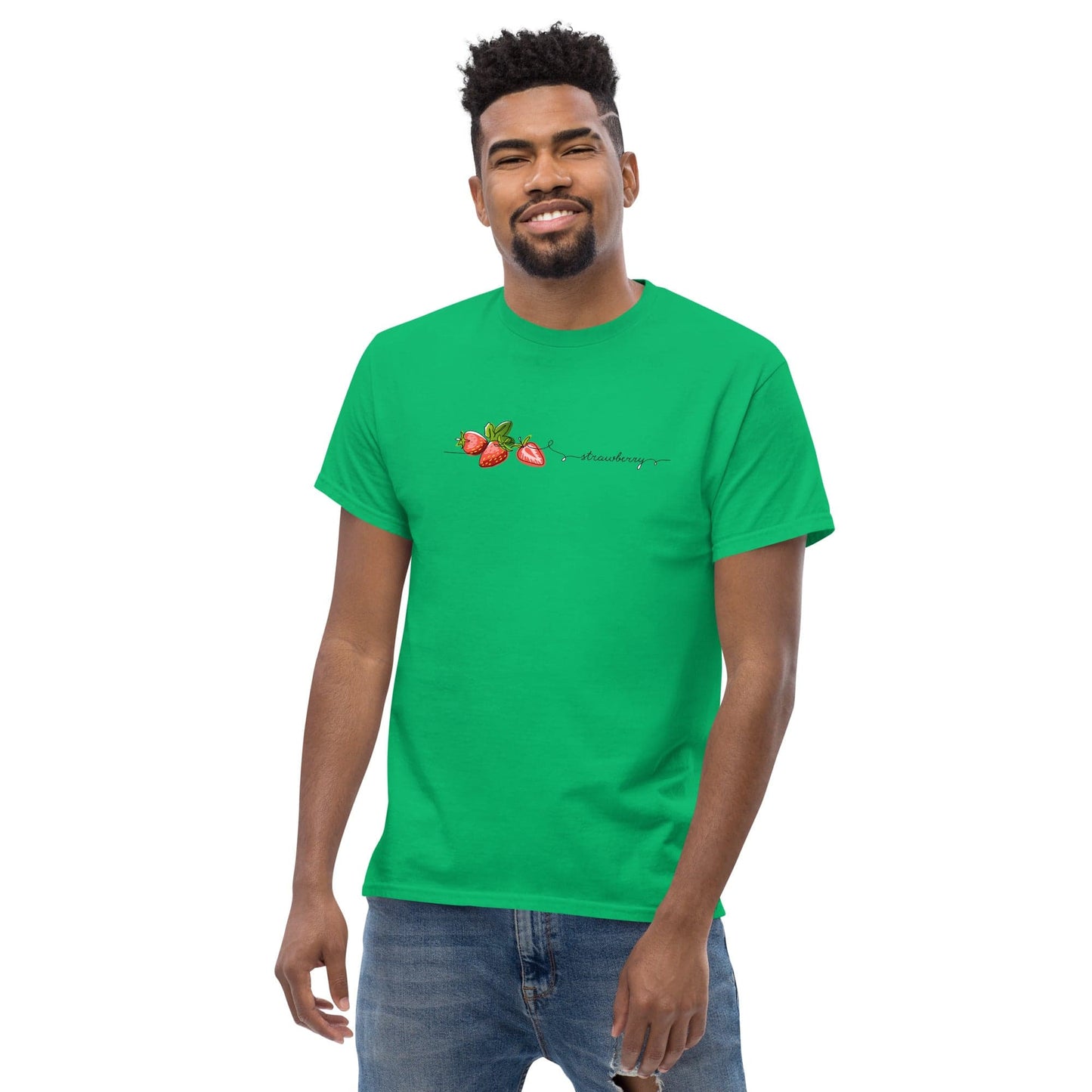 Green t-shirt with strawberry design.
