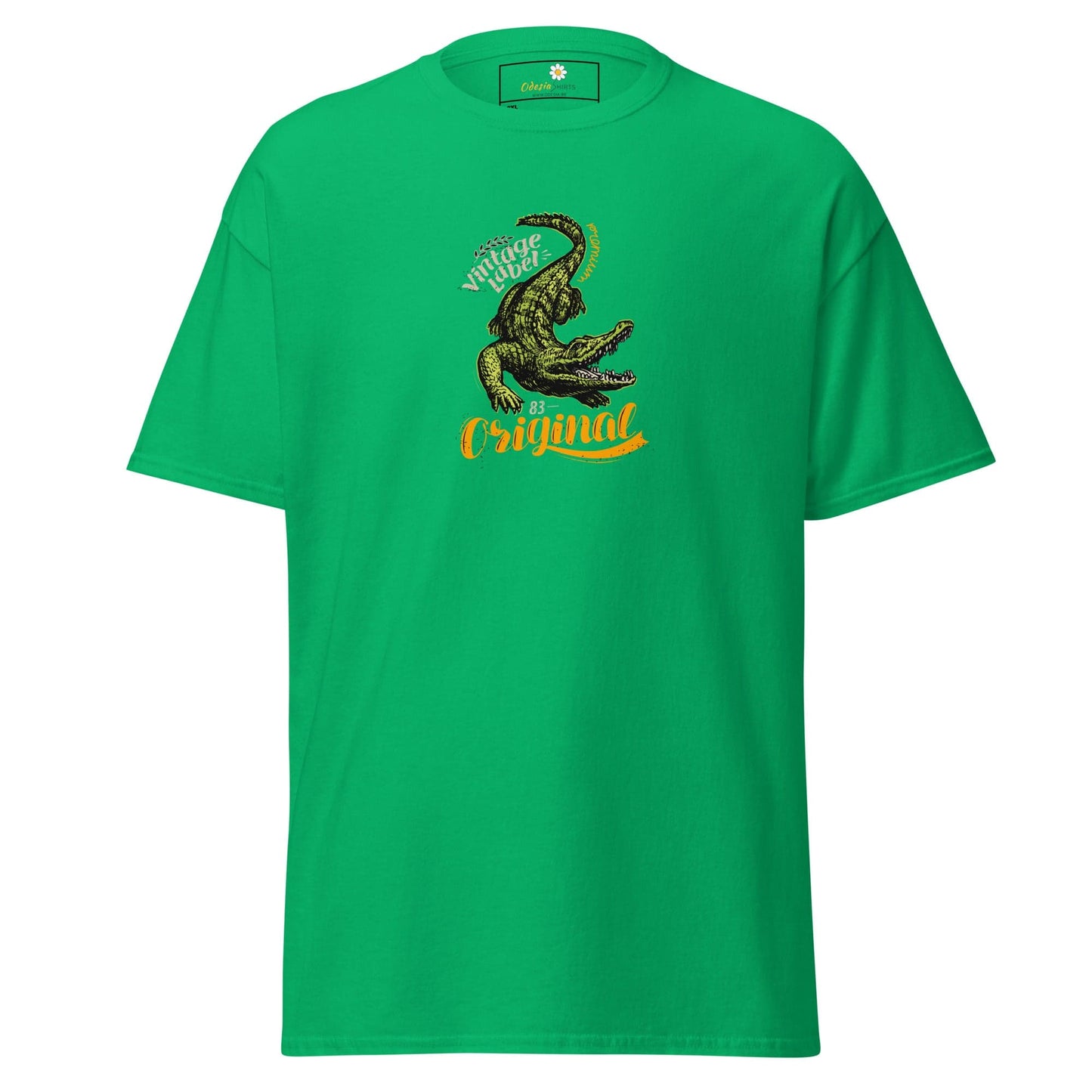 Green t-shirt with crocodile graphic.