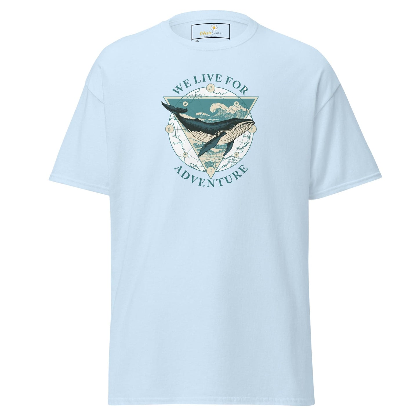 Light blue T-shirt with whale graphic for men and women in sizes 2XL to 5XL