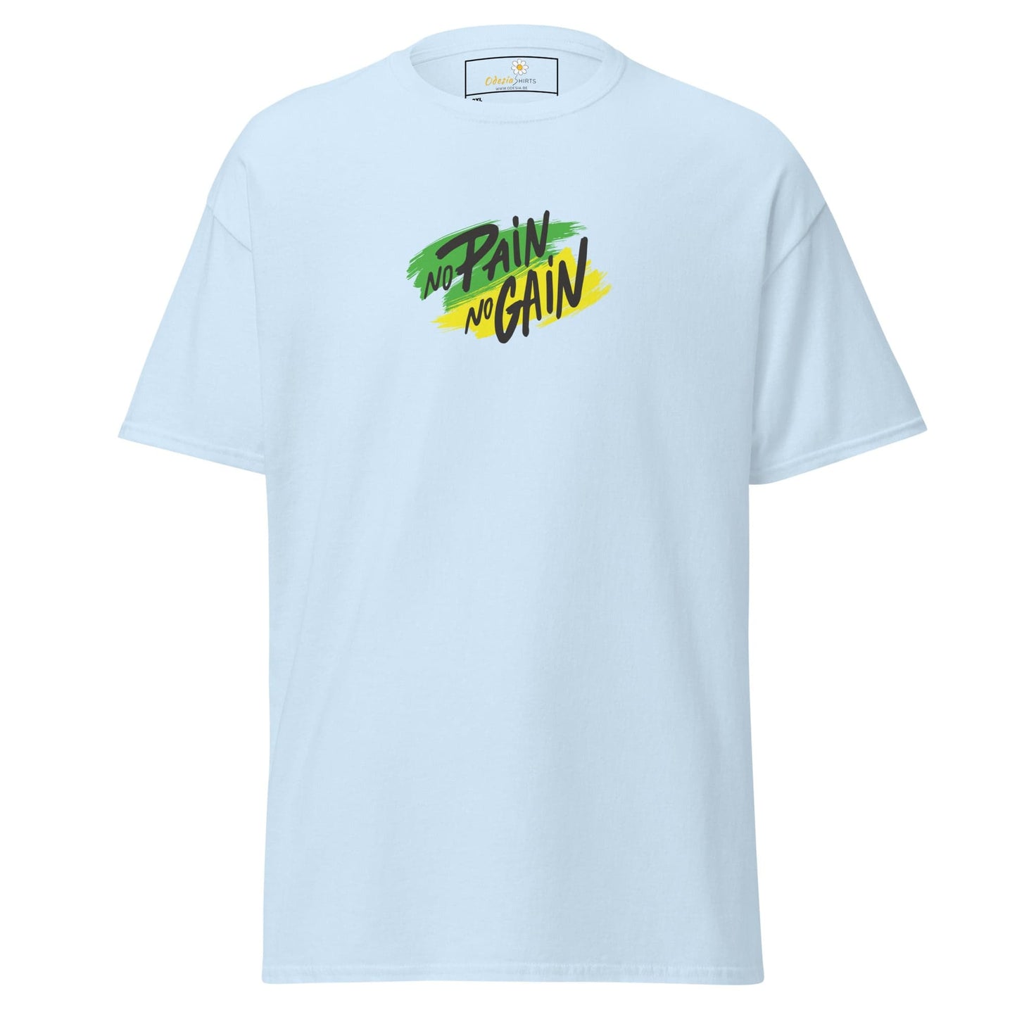 Light blue T-shirt with No Pain No Gain graphic for Men and Women sizes 2XL to 5XL