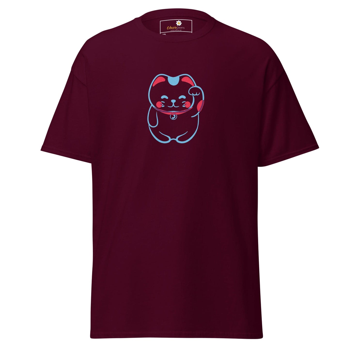 Maroon T-shirt with cartoon cat design for Men and Women, available in 2XL to 5XL sizes
