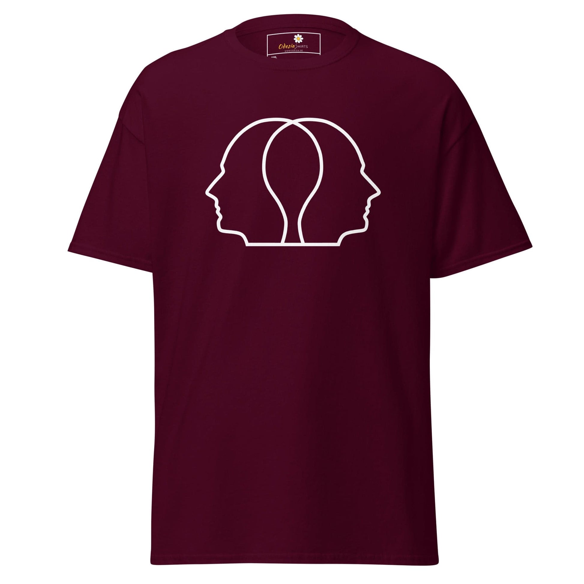 Maroon T-shirt with a white two-faced design for Men and Women in sizes 2XL to 5XL