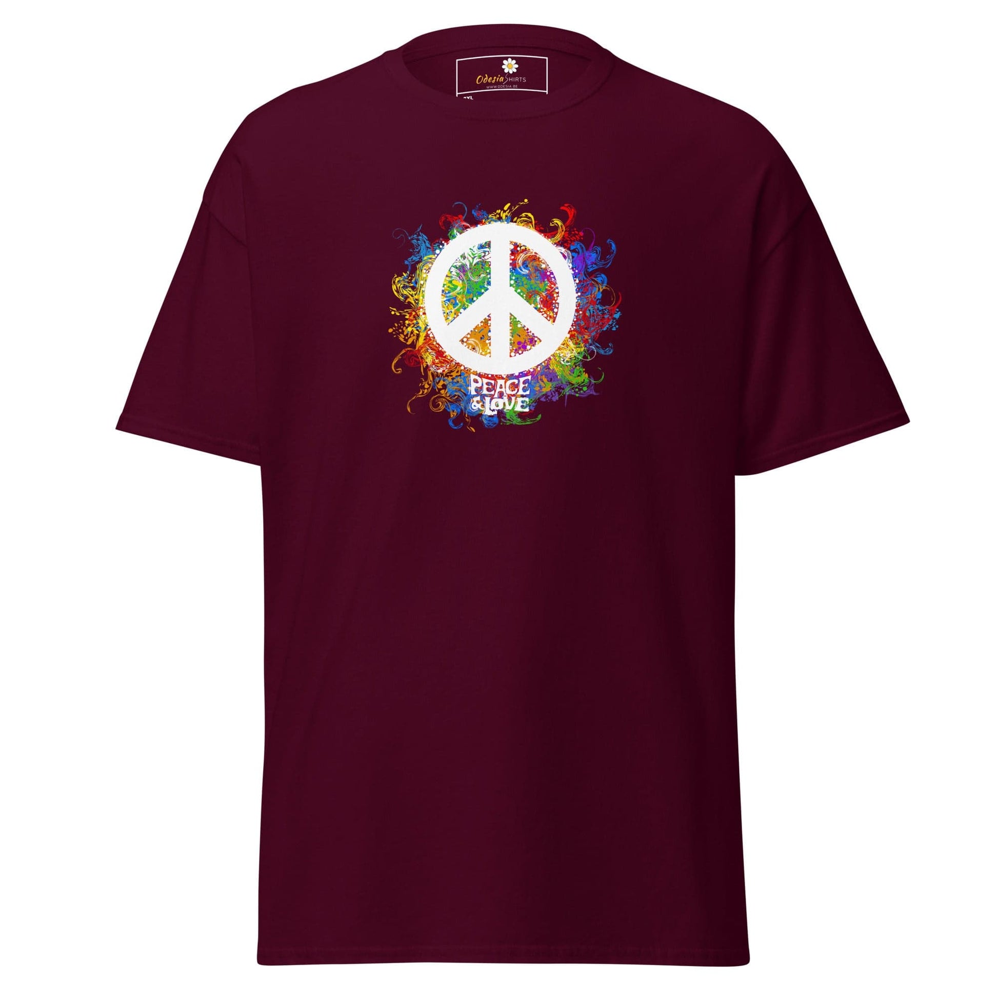 Maroon T-shirt with peace symbol displayed from T-SHIRT DESIGN TEE for Men and Women