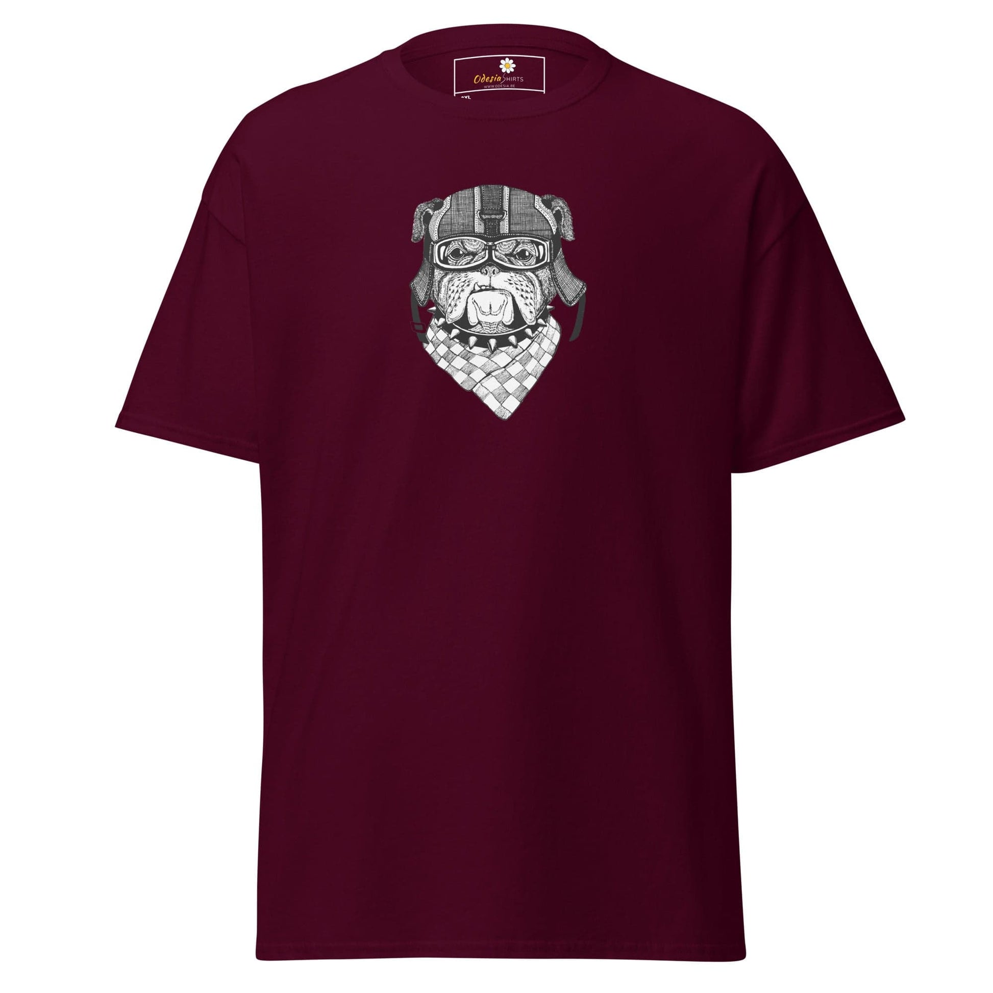 Maroon T-shirt with dog graphic for men and women in size 2XL to 5XL