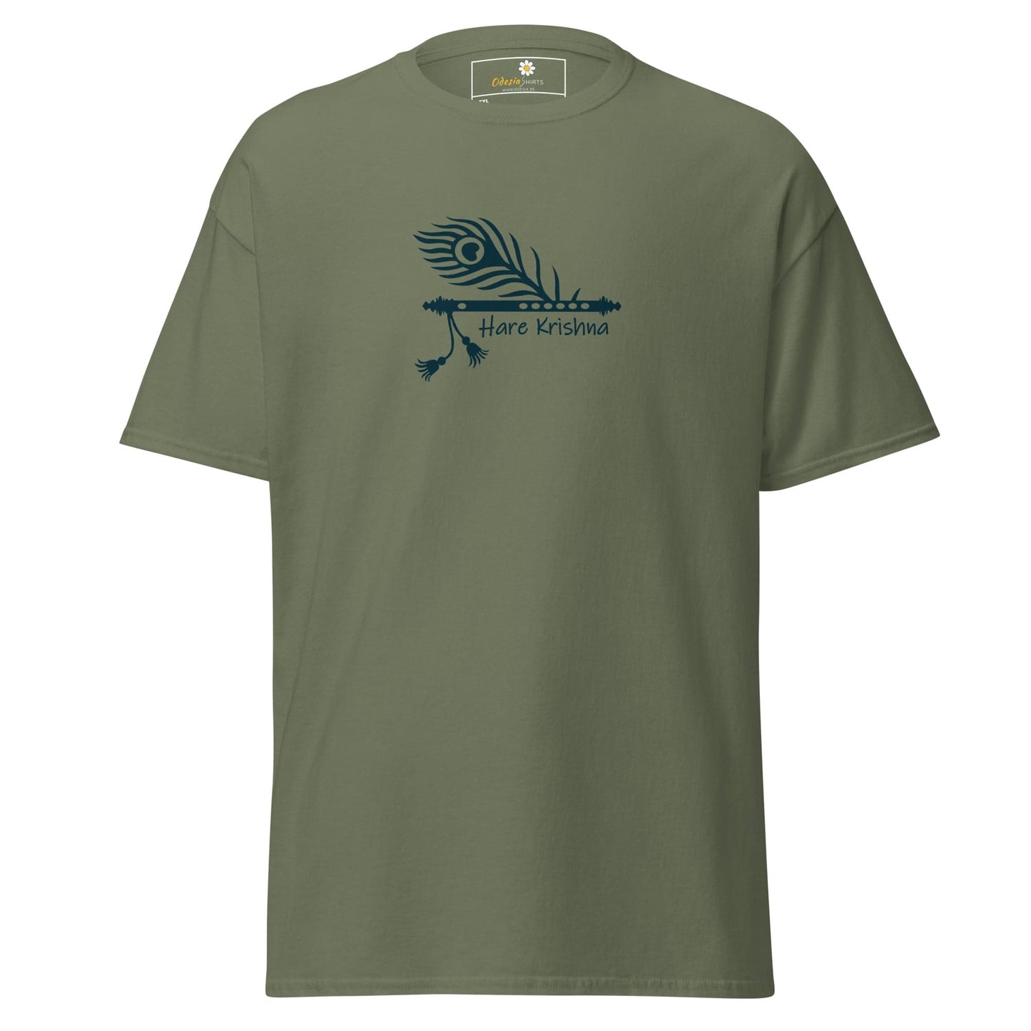 Olive green T-shirt for men and women featuring a peacock feather and flute design