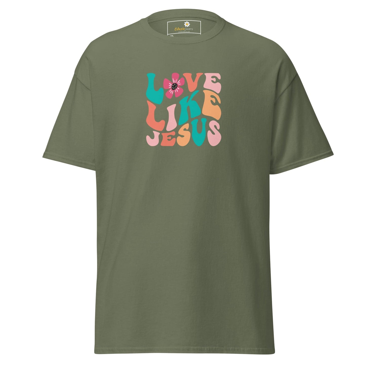 Olive green T-shirt with Love Like Jesus graphic for men and women in 2XL to 5XL sizes