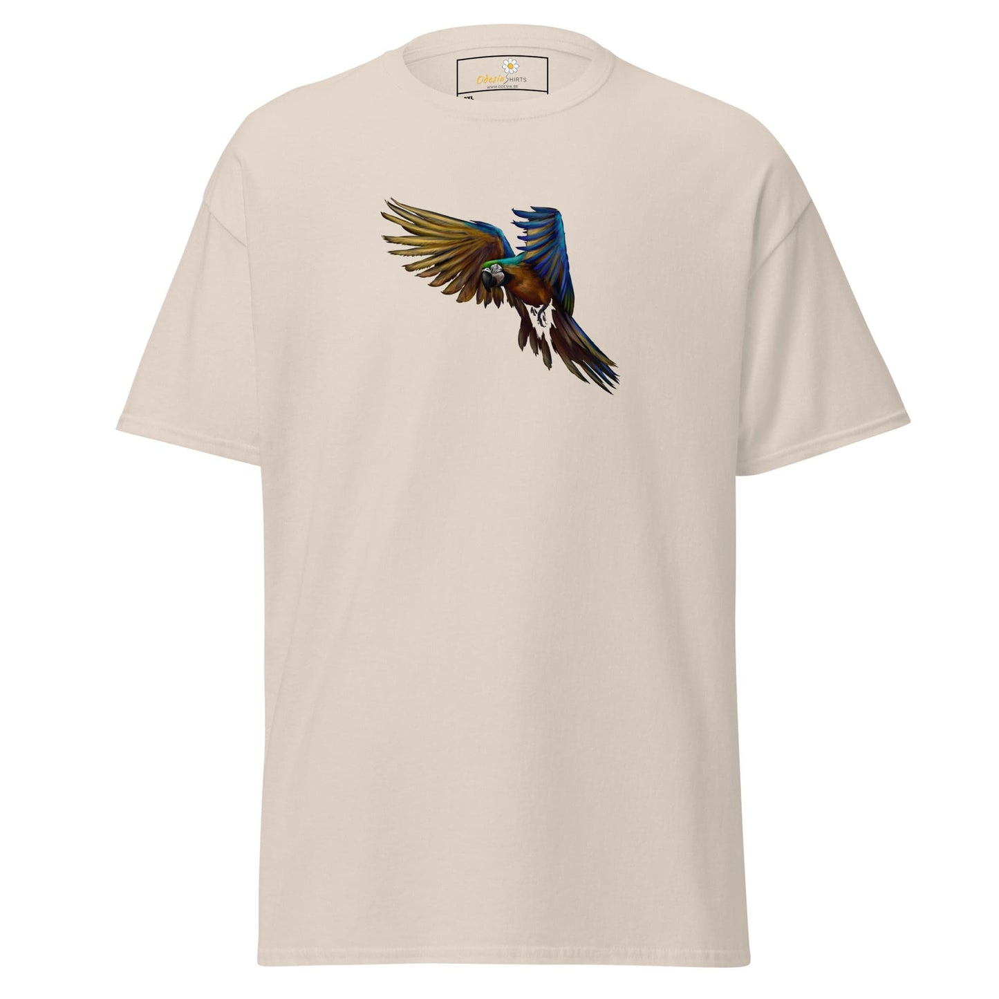 Beige T-shirt with colorful parrot graphic for men and women in size 2XL to 5XL