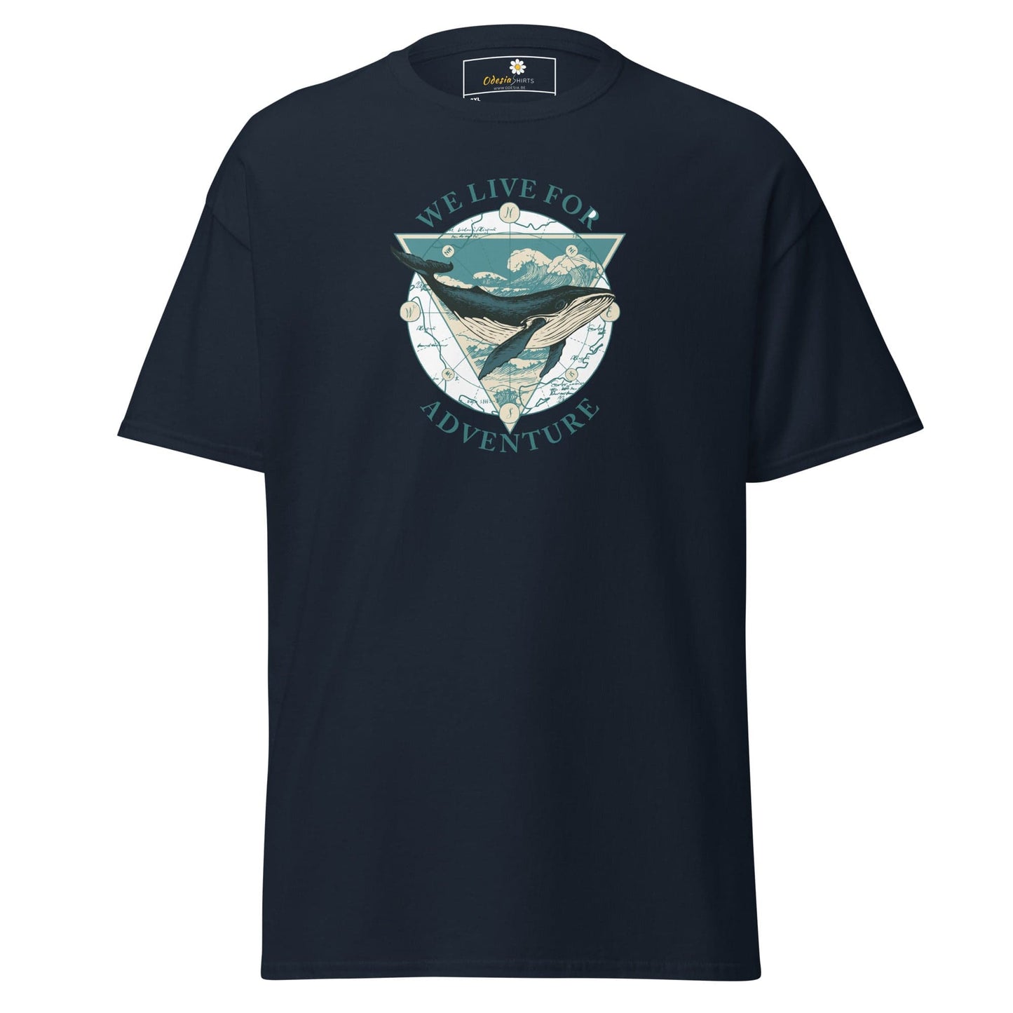 Navy blue T-shirt with whale graphic, available in 2XL to 5XL for men and women
